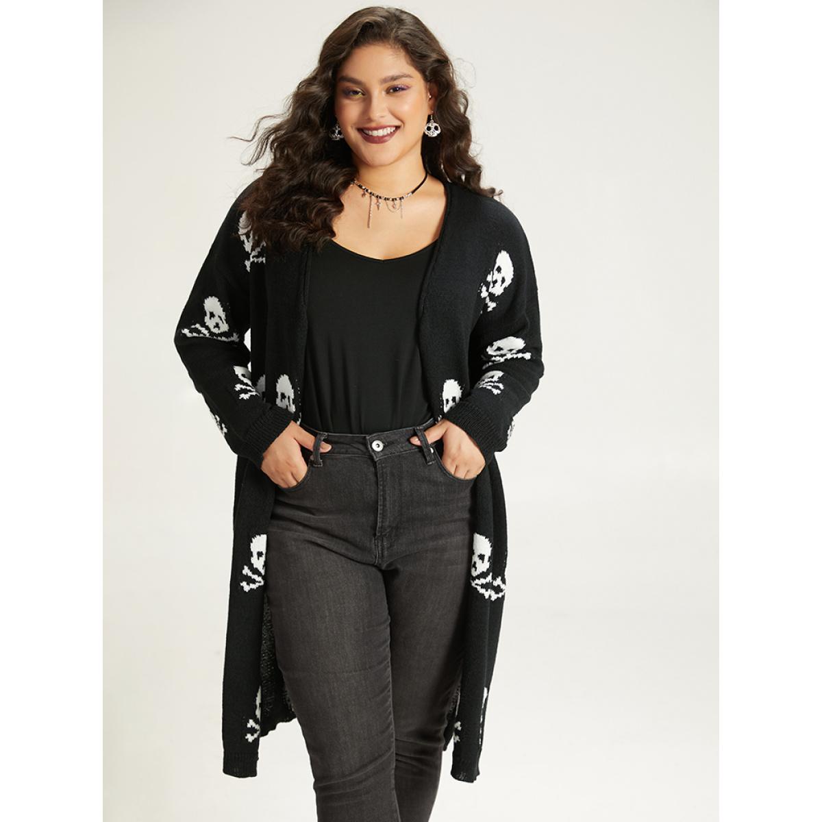 Plus Size Halloween Skull Print Split Side Drop Shoulder Maxi Cardigan Black Women Casual Loose Long Sleeve Festival-Halloween Cardigans BloomChic 26/4X Product Image