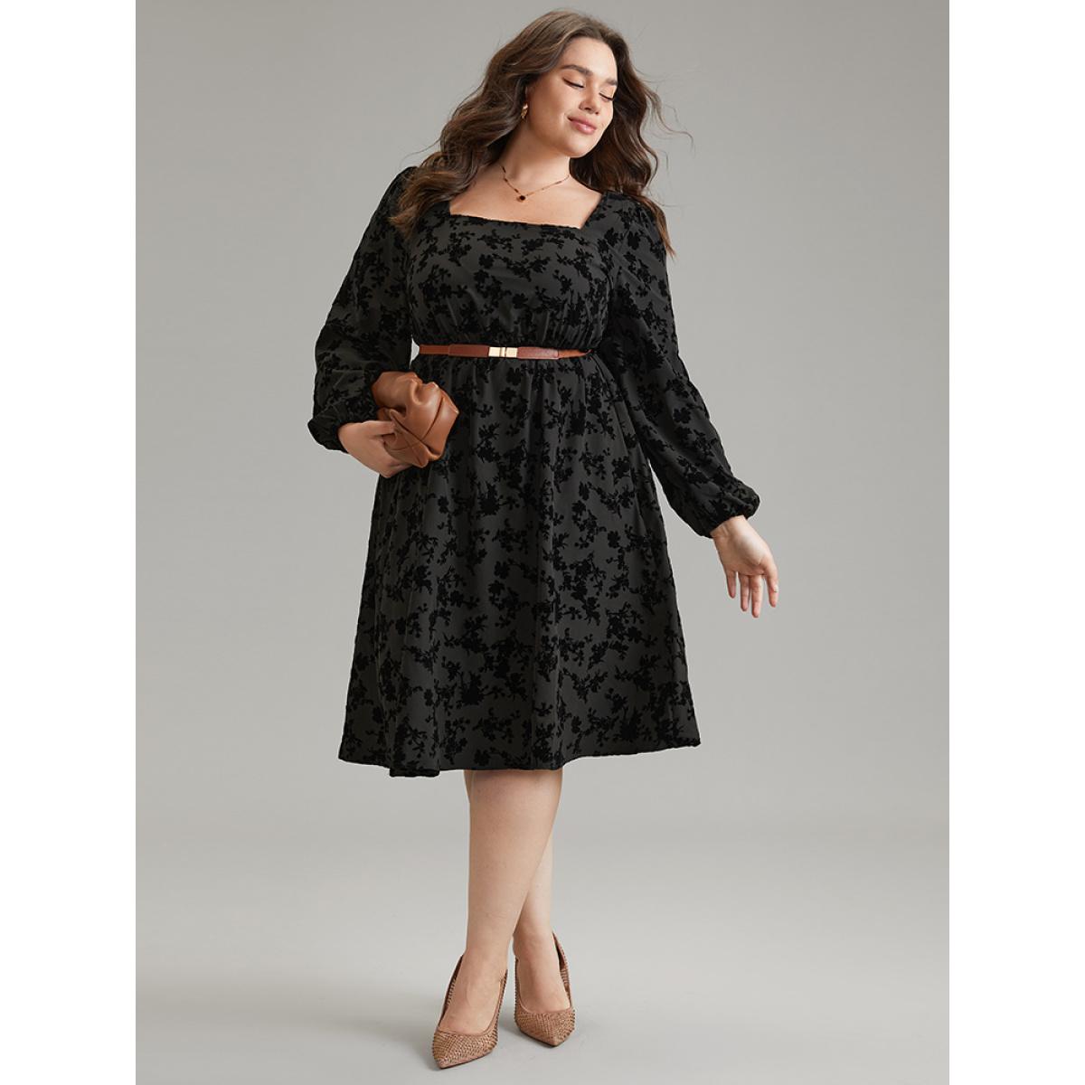 Plus Size Silhouette Floral Print Flocking Square Neck Gathered Dress Black Women Office Elastic cuffs Square Neck Long Sleeve Curvy Midi Dress BloomChic 12/L Product Image