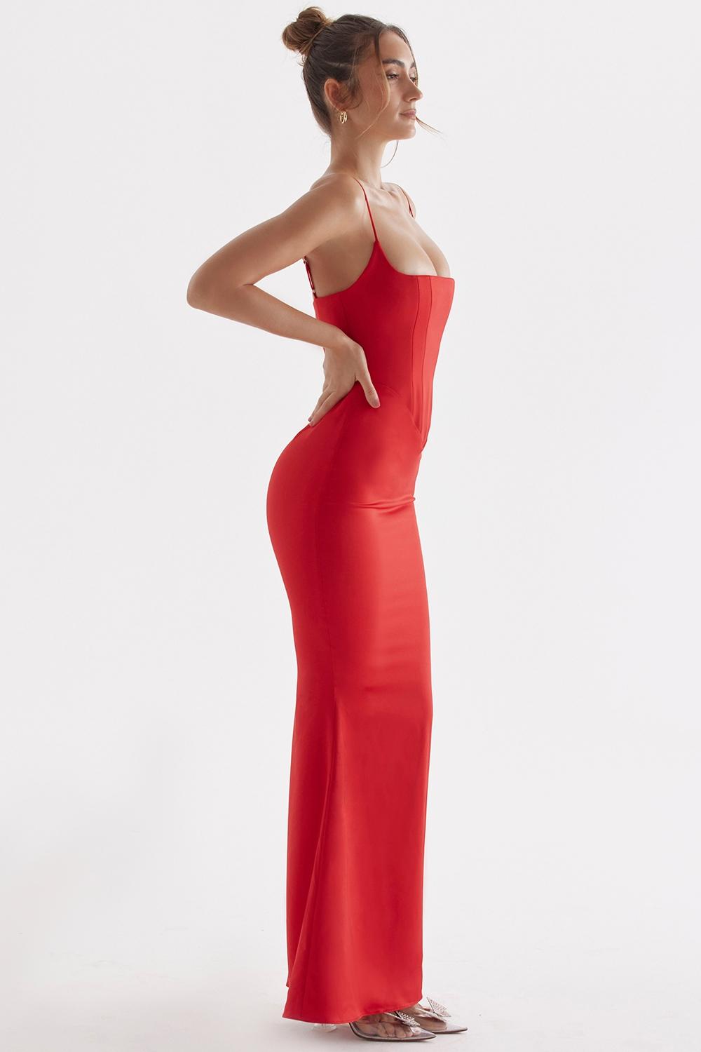 Olivette  red rose satin corset maxi dress - sale Product Image