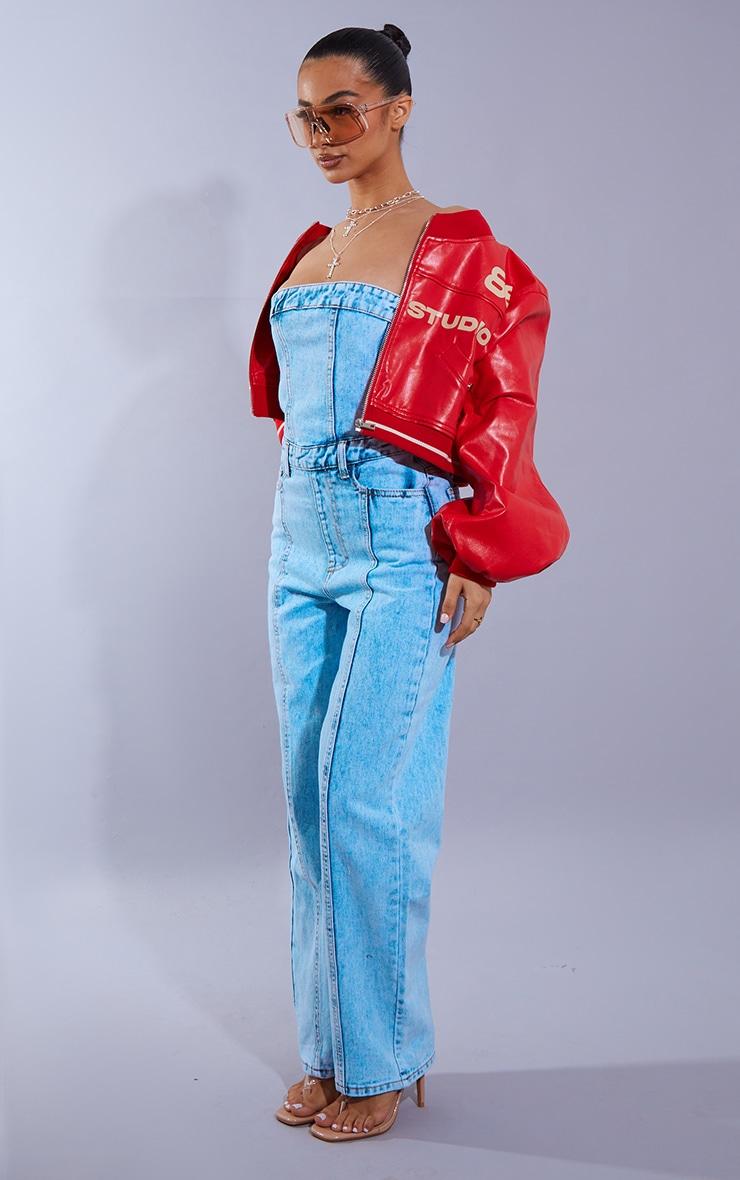 Petite Acid Blue Wash Bandeau Denim Jumpsuit Product Image