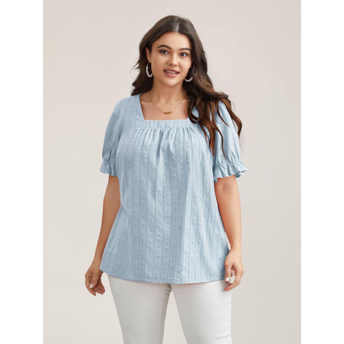 Plus Size LightBlue Cotton Square Neck Ruffled Sleeve Shirt Women Timeless Short sleeve Square Neck Elegant Blouses BloomChic 30/6X Product Image