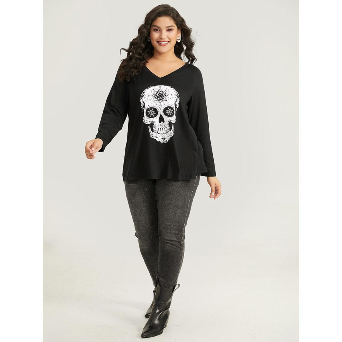 Plus Size Halloween Skull Print Long Sleeve T-shirt Black Women Casual Printed Halloween Festival-Halloween T-shirts BloomChic 18-20/2X Product Image