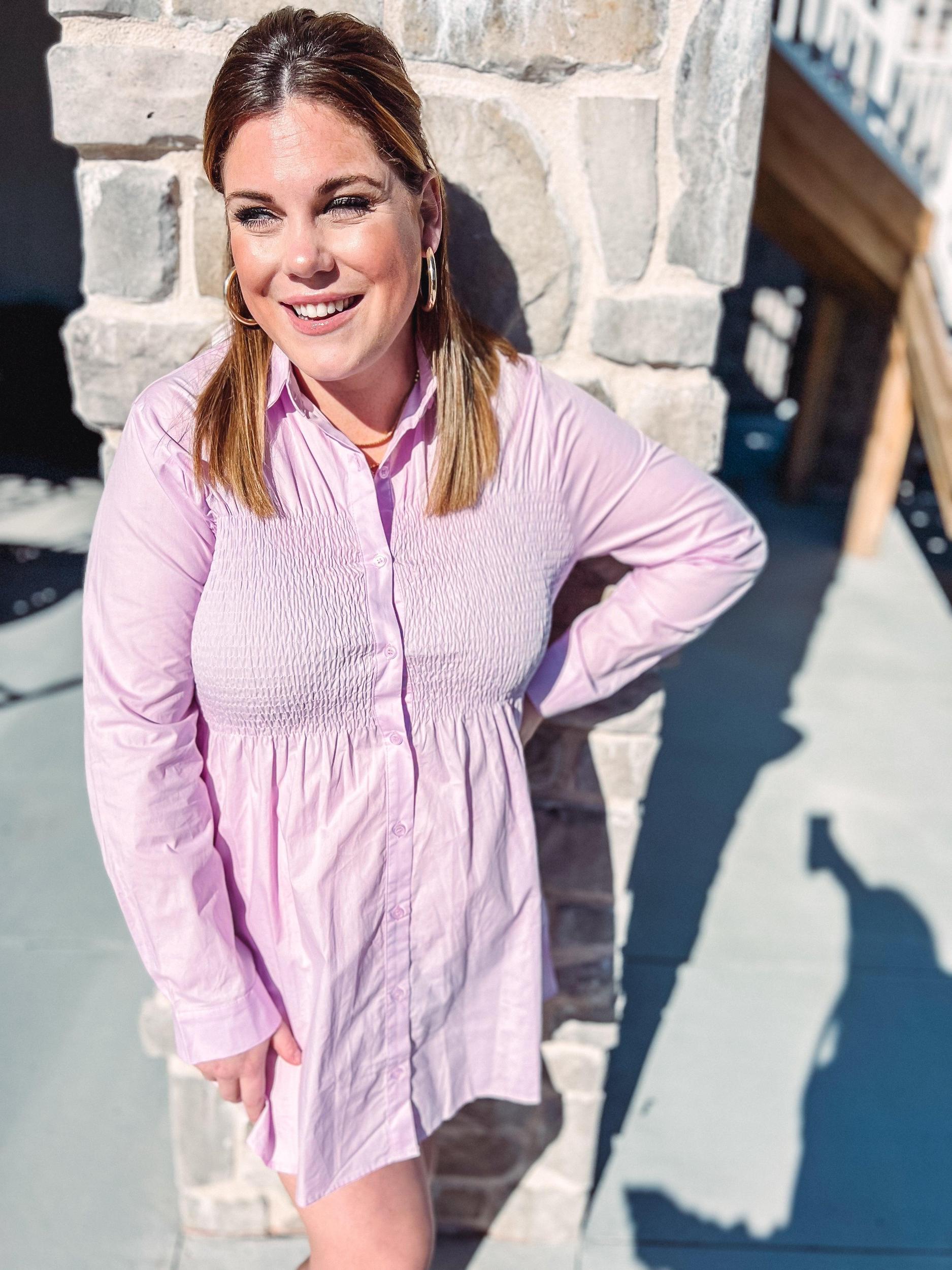 Lilac Smocked Button Up Mini Dress Product Image