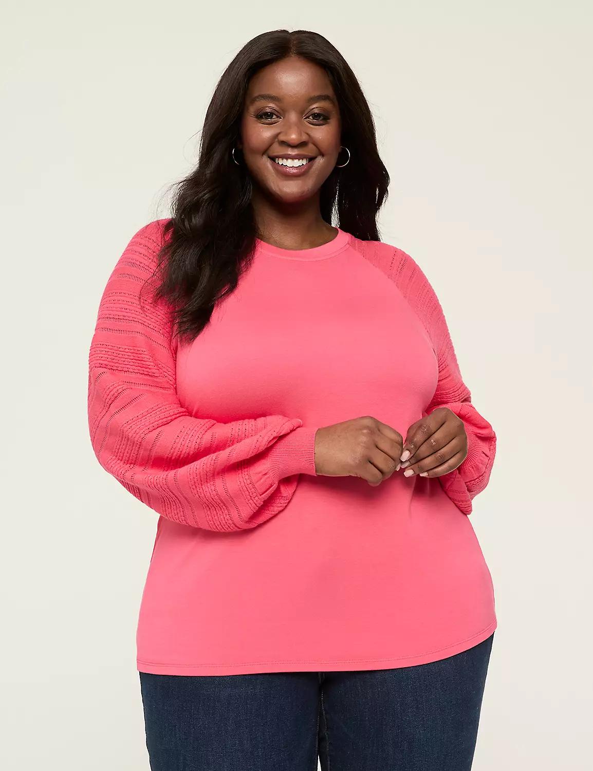 Pointelle-Sleeve Crew-Neck Top Product Image