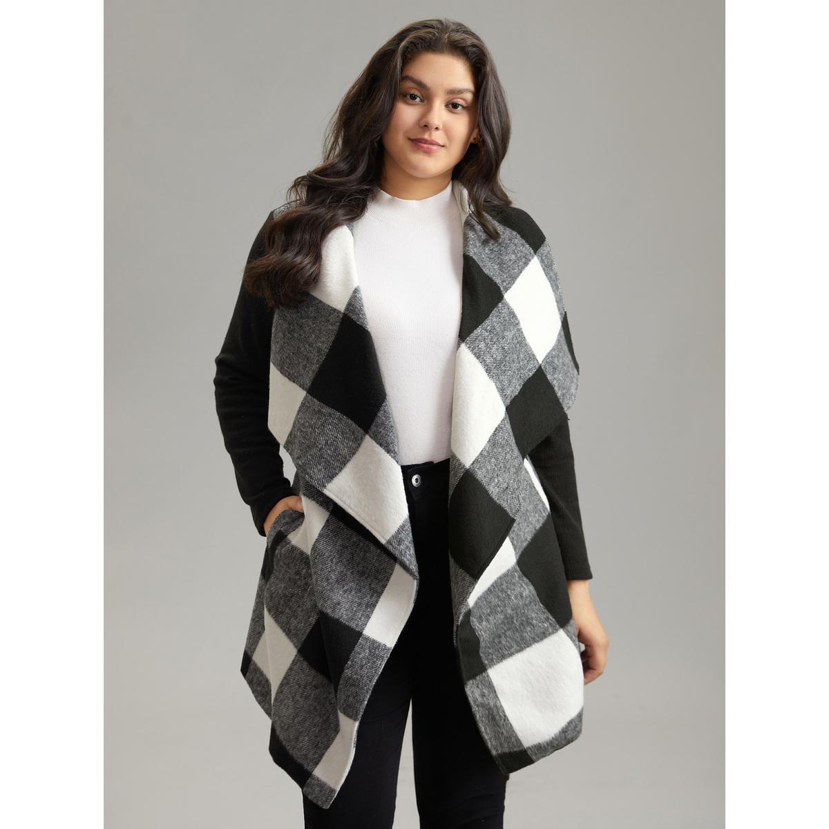 Plus Size Plaid Lapel Collar PU Leather Belted Coat Women Black Casual Belted Ladies Dailywear Winter Coats BloomChic 30/6X Product Image