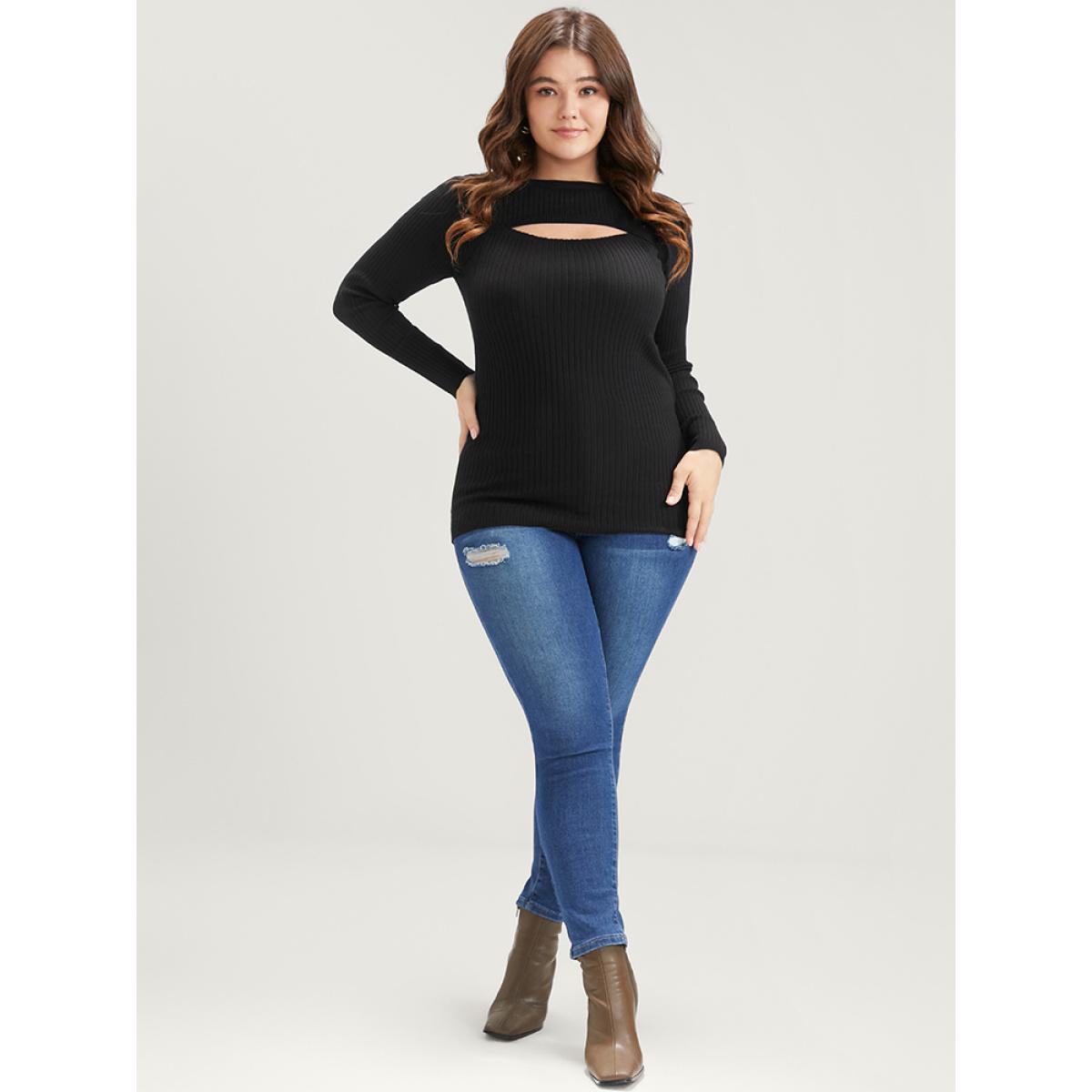 Plus Size Solid Super Soft Rib Knit Cut Out Knit Top Black Women Elegant Bodycon Long Sleeve Round Neck Dailywear Pullovers BloomChic 28/5X Product Image