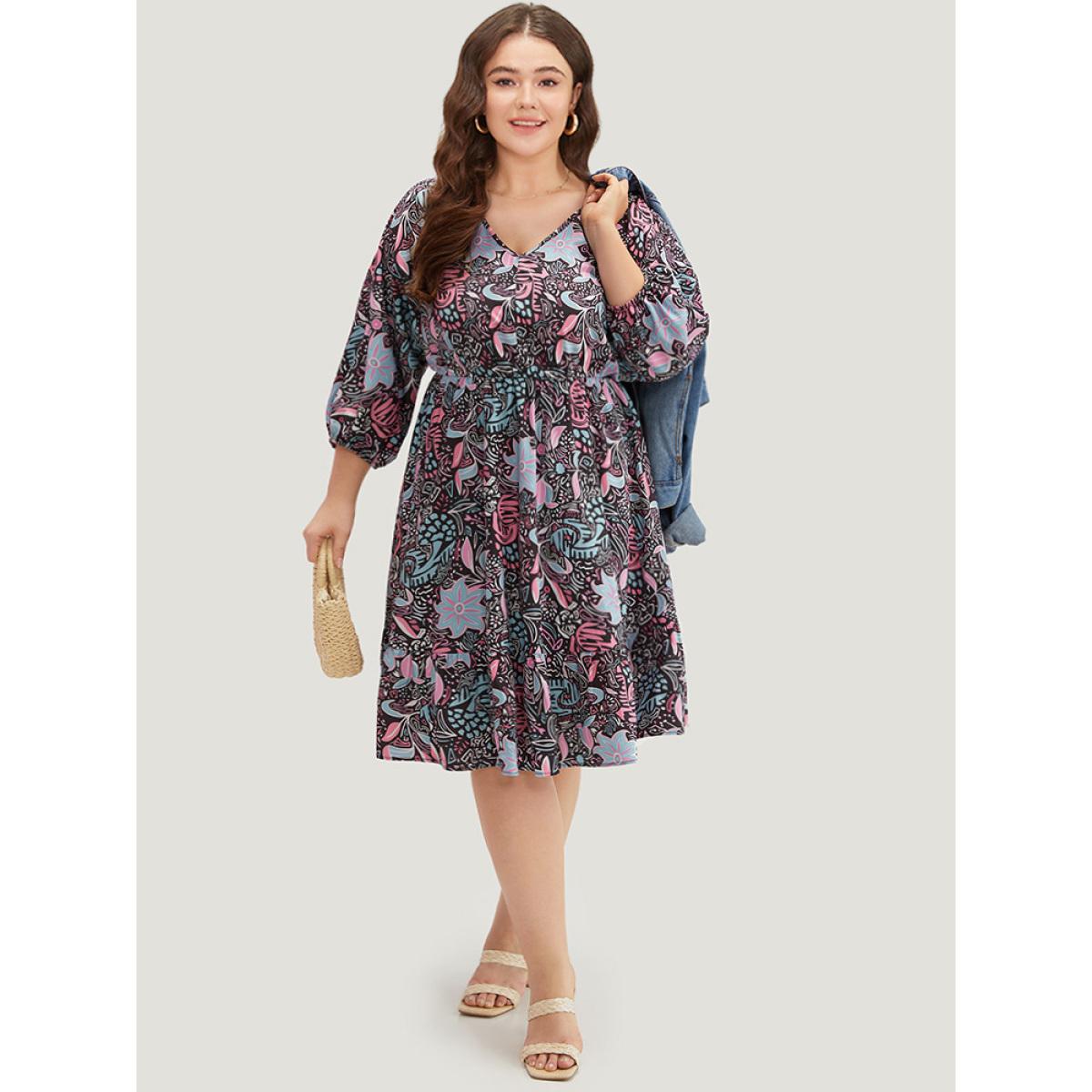 Plus Size Floral Print Lantern Sleeve Elastic Waist Dress Multicolor Women Vacation Elastic cuffs V-neck Elbow-length sleeve Curvy Midi Dress BloomChic 12/L Product Image