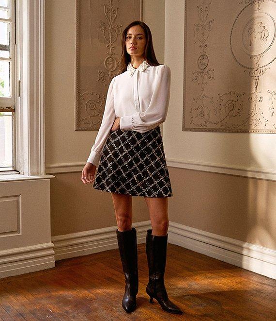 CeCe Georgette Floral 3D Applique Pointed Collar Long Sleeve Hidden Button Front Blouse Product Image