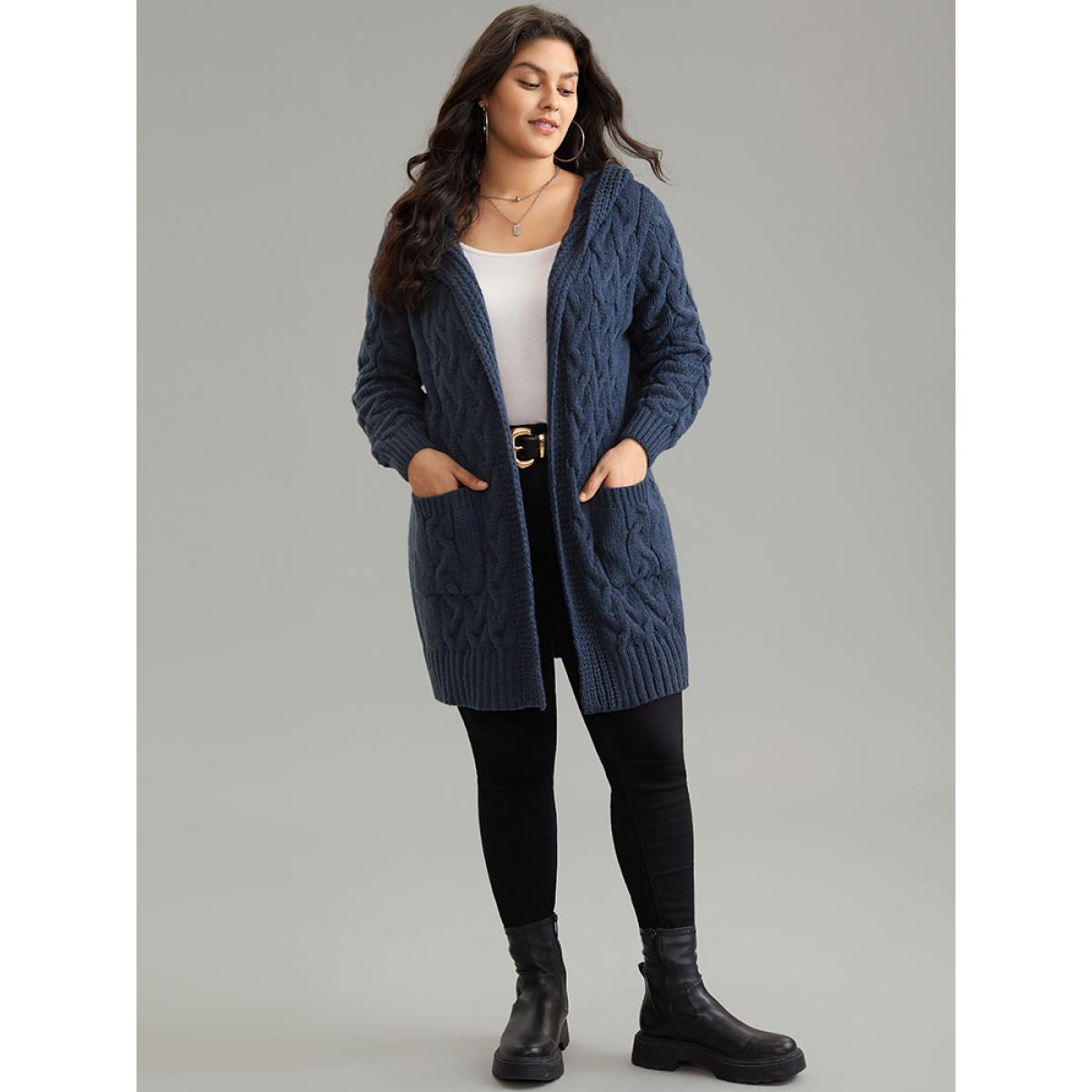 Plus Size Cable Knit Texture Pocket Hooded Cardigan Midnight Women Casual Loose Long Sleeve Dailywear Cardigans BloomChic 30/6X Product Image