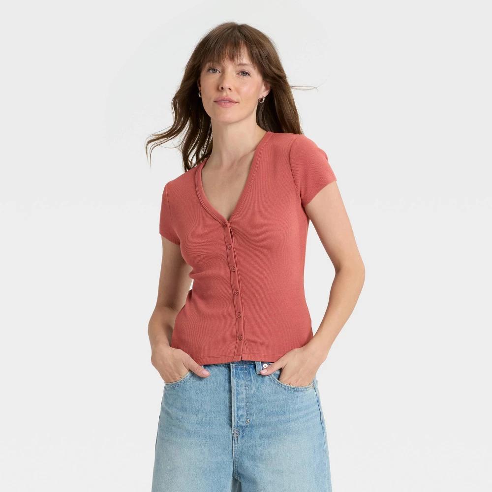 Women's Short Sleeve V-Neck Button-Down Shirt - Universal Thread™ Rust M Product Image
