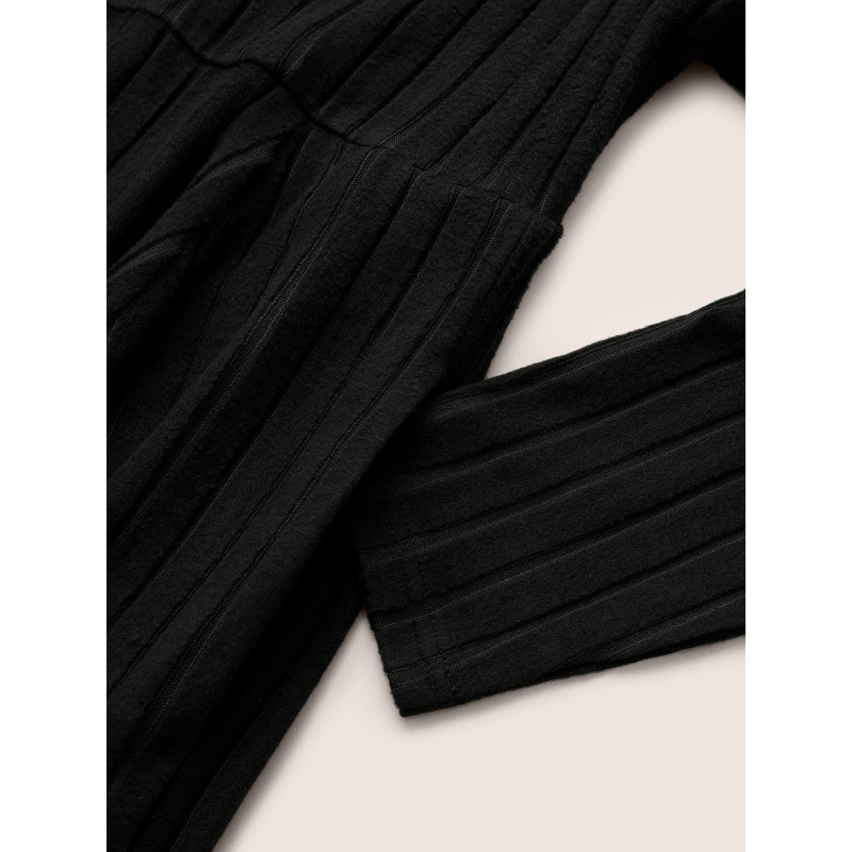 Plus Size Rib Knit Metal Chain Detail Keyhole Hanky Hem Dress Black Women Elegant Texture Keyhole Cut-Out Long Sleeve Curvy Midi Dress BloomChic 12/L Product Image