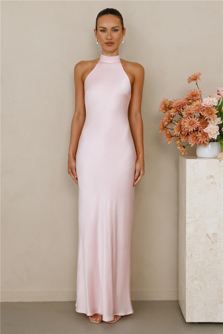 The Cleo Halter Satin Maxi Dress Pink Product Image