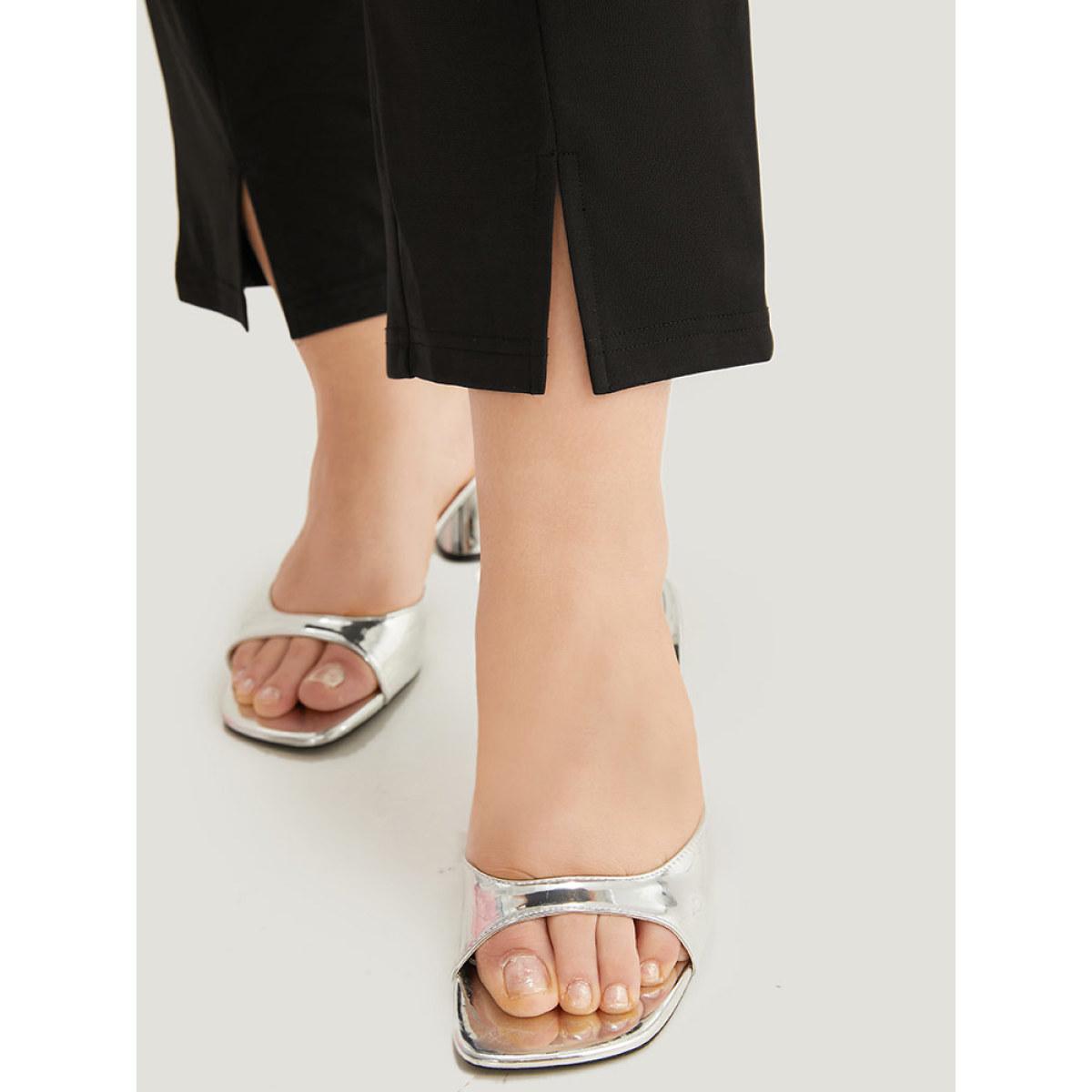 Plus Size Plain Split Hem Pocket Elastic Waist Pants Women Black At the Office High Rise Office Pants BloomChic 10/M Product Image