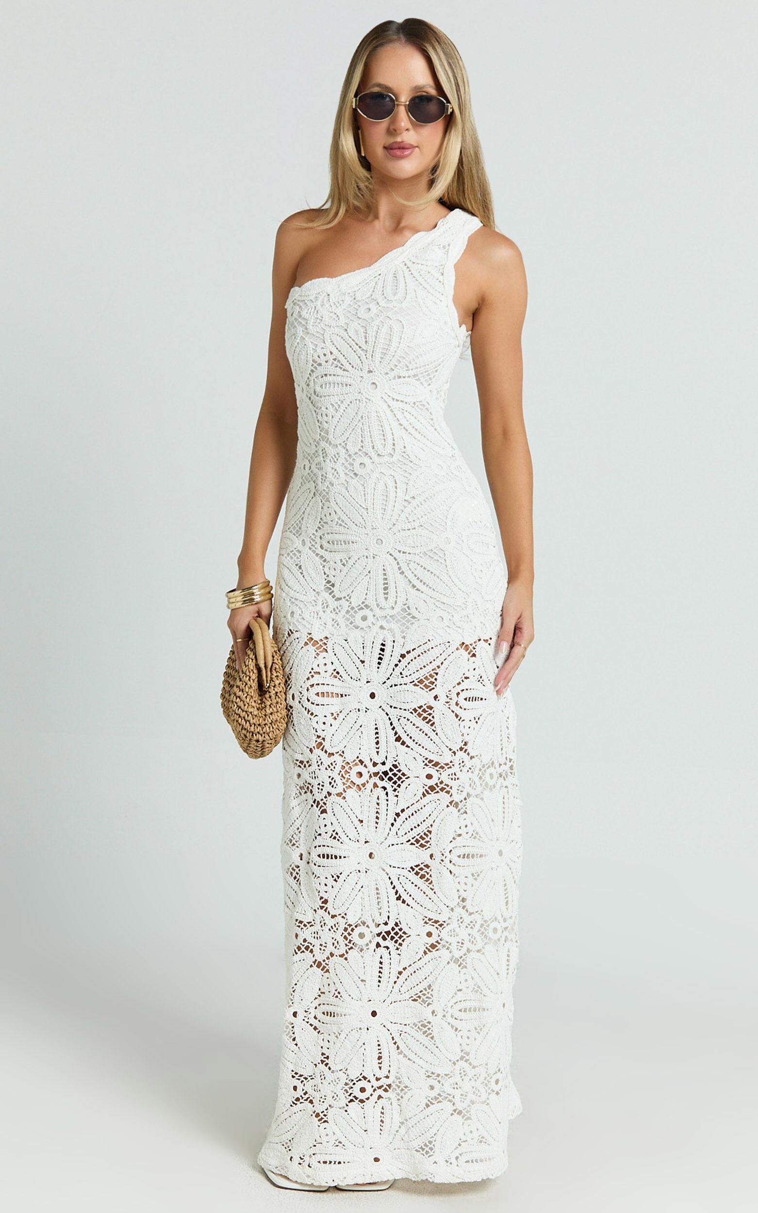 Charlene Maxi Dress - Crochet Knitted One Shoulder Maxi Dress in White Product Image
