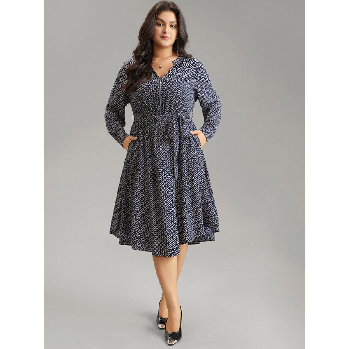 Plus Size Geometric Graphic Notched Zipper Bowknot Dress DarkBlue Women At the Office Belted Notched collar Long Sleeve Curvy Midi Dress BloomChic 30/6X Product Image
