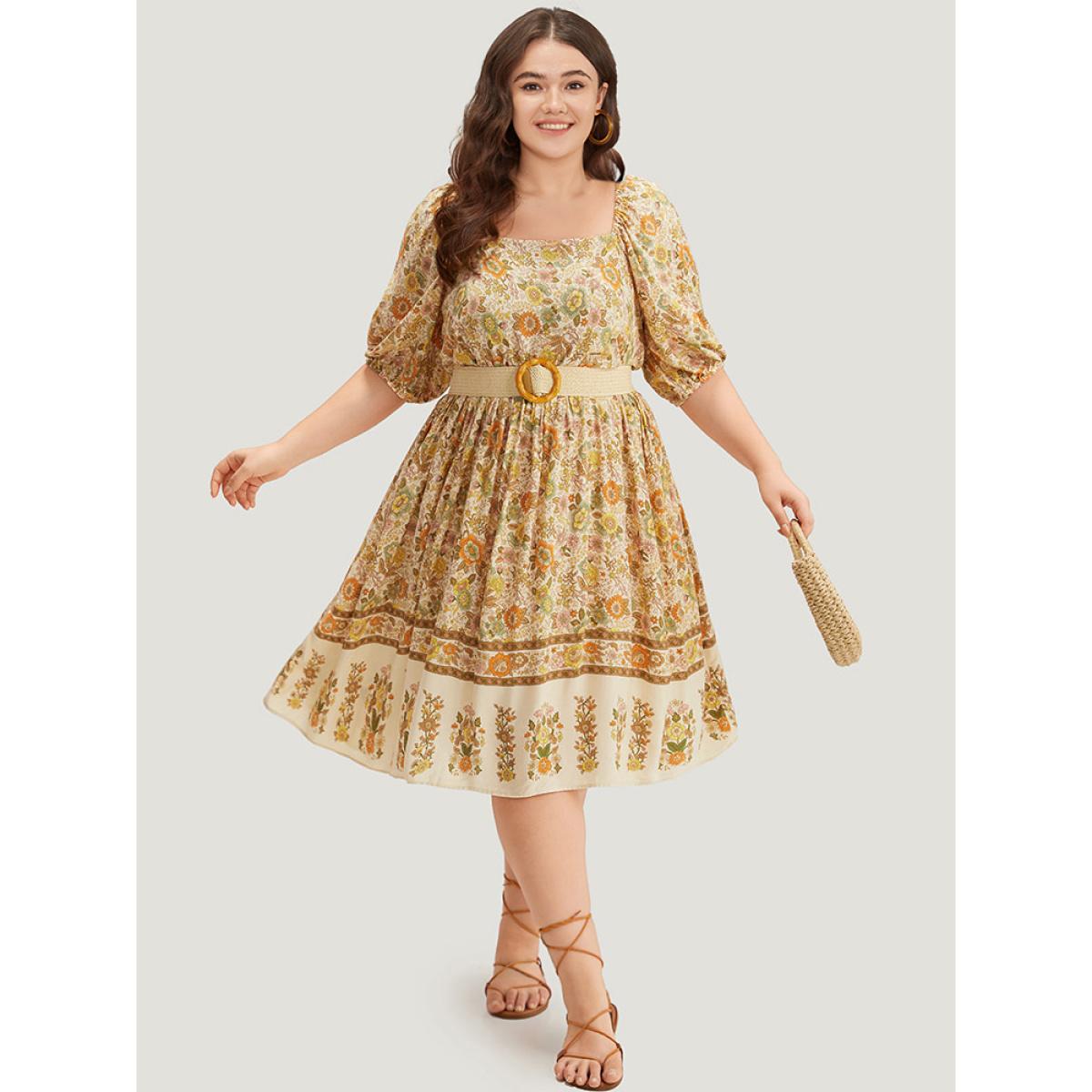 Plus Size Floral Print Pocket Square Neck Elastic Cuffs Dress Apricot Women Vacation Elastic cuffs Square Neck Short sleeve Curvy Midi Dress BloomChic 18-20/2X Product Image