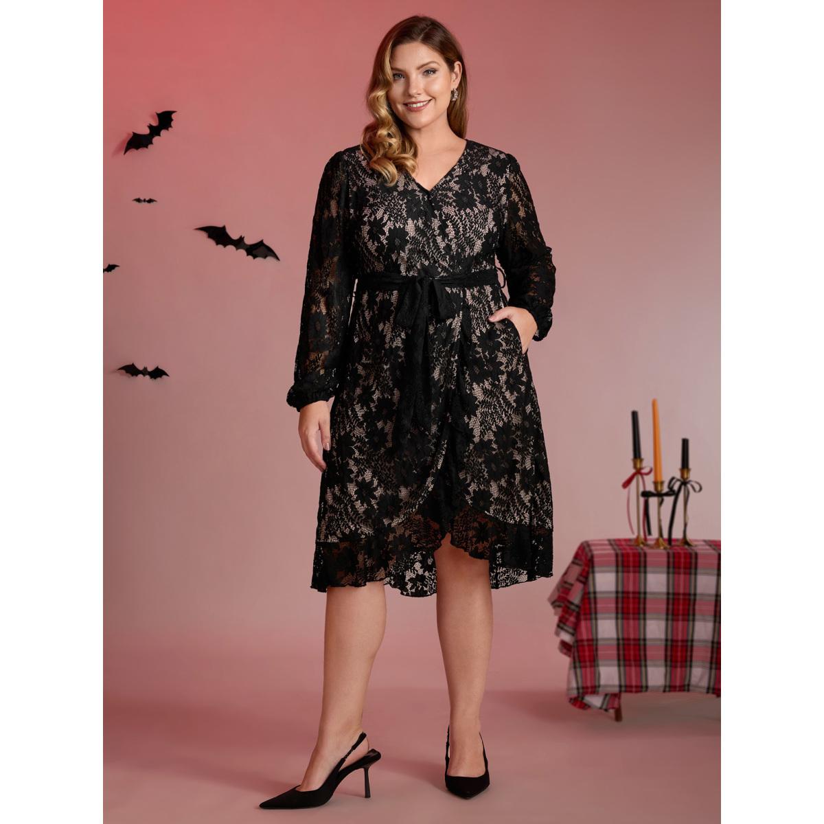 Plus Size Floral Lace Lined Wrap Belted Midi Dress Black Women Romantic Overlapping Overlap Collar Extra Long Sleeve Curvy BloomChic 14-16/1X Product Image