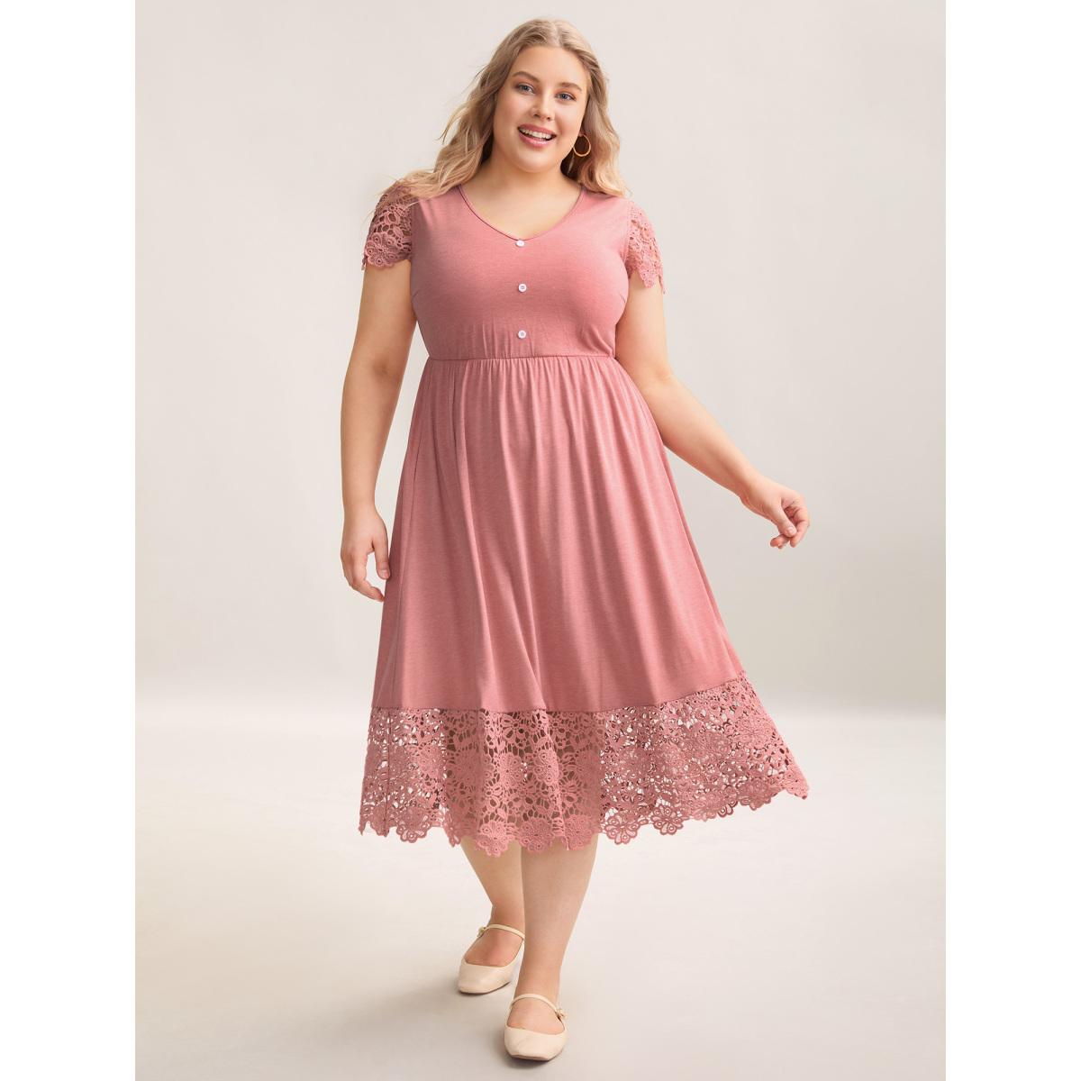 Plus Size Stretchy Waist Lace Pockets Midi Dress DustyPink Women Elegant Woven ribbon&lace trim Knit Dresses Bloomchic 12/L Product Image