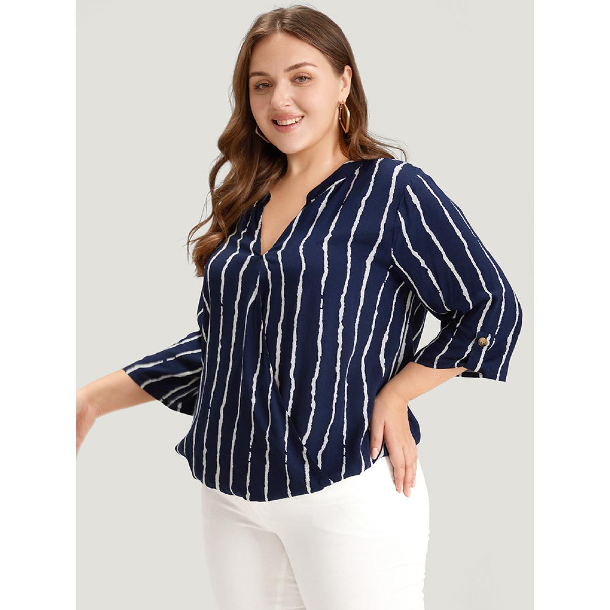 Plus Size Multicolor Striped Notched Three Quater Length Sleeve Blouse Women Office Elbow-length sleeve Notched collar Office Blouses BloomChic 18-20/2X Product Image