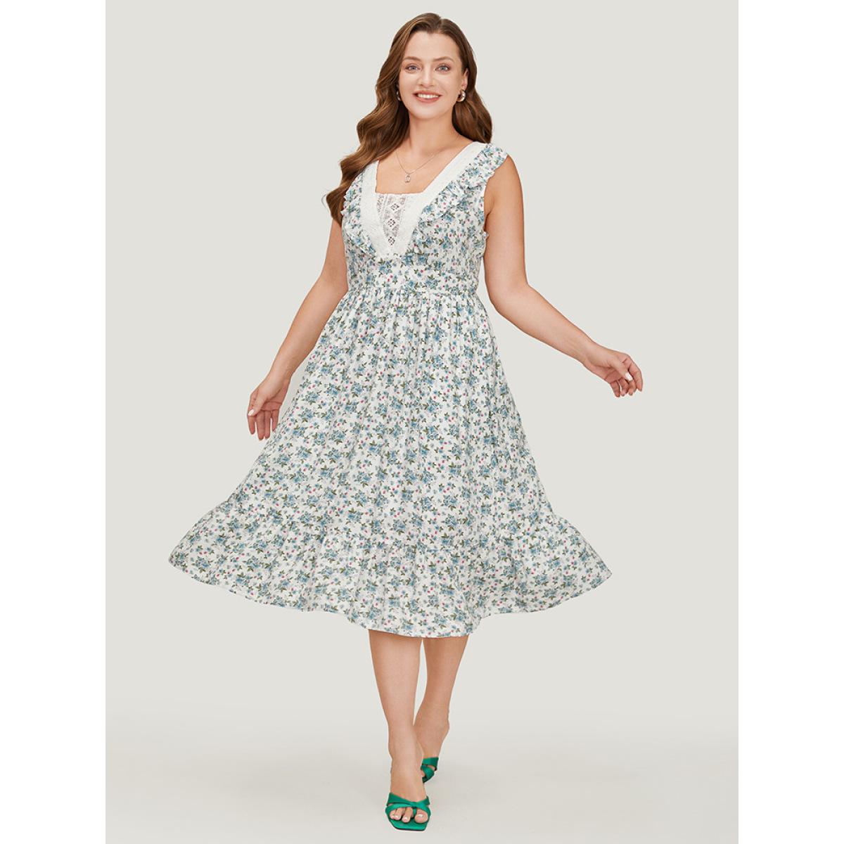 Plus Size Ditsy Floral Ruffles Pocket Empire Waist Crochet Lace Tank Dress WhiteSmoke Women Elegant Gathered V-neck Sleeveless Curvy Midi Dress BloomChic 14-16/1X Product Image