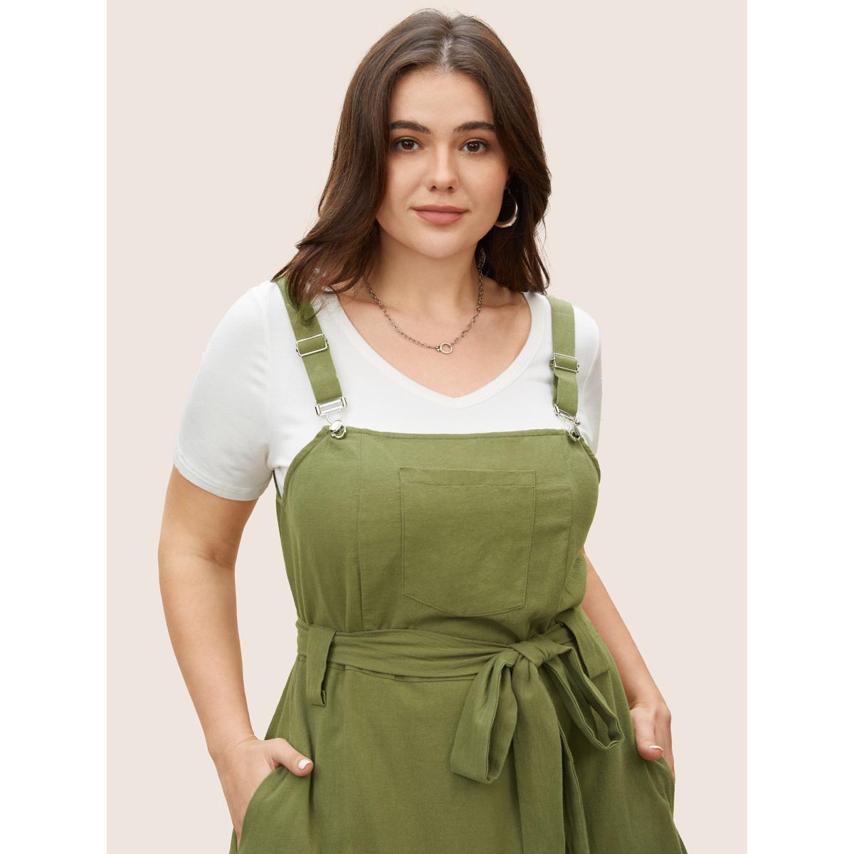 Plus Size Solid Patched Pocket Adjustable Straps Belted Dress ArmyGreen Women Casual Belted Non Sleeveless Curvy BloomChic 26/4X Product Image