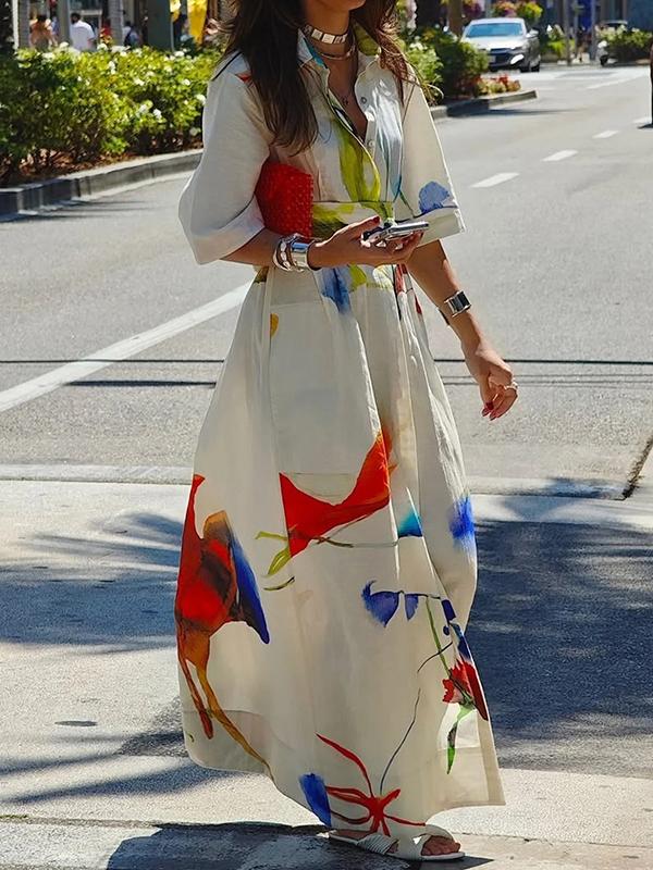 Half Sleeves Loose Asymmetric Printed Split-Joint Tied Waist Lapel Maxi Dresses Shirt Dress Product Image