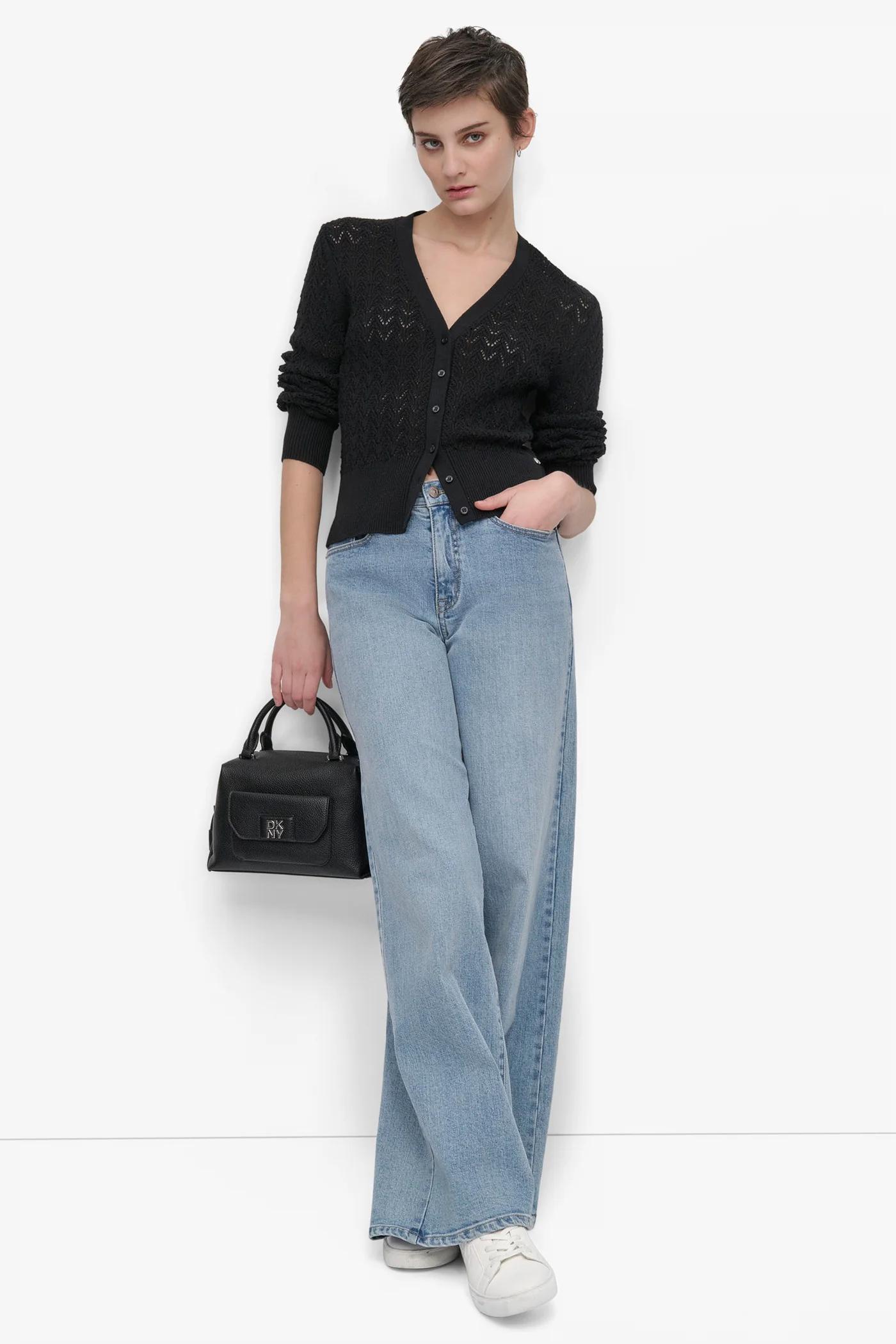 LONG SLEEVE POINTELLE STITCH V NECK CARDIGAN Product Image