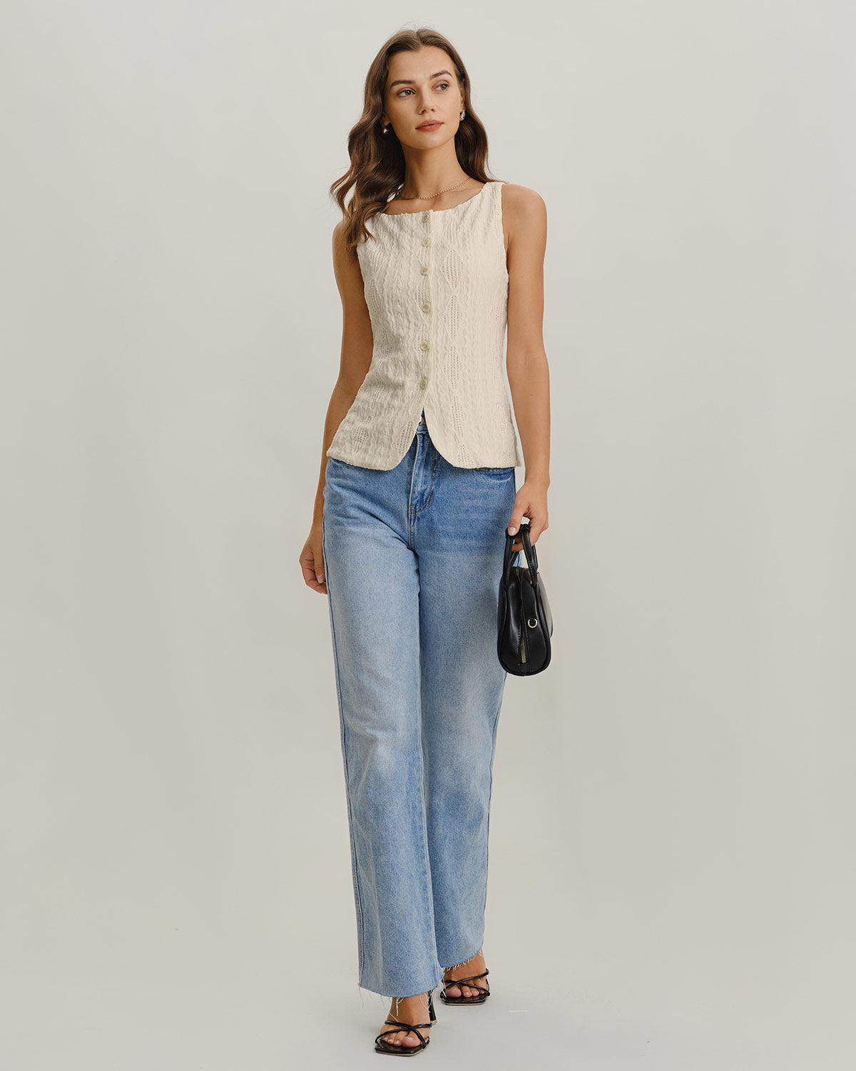 Beige Boat Neck Button Tank Top Product Image