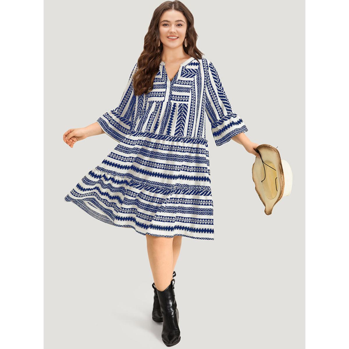 Plus Size Bandana Striped Pocket Button Detail Notched Patchwork Dress DarkBlue Women Vacation Printed V-neck Elbow-length sleeve Curvy Midi Dress BloomChic 10/M Product Image