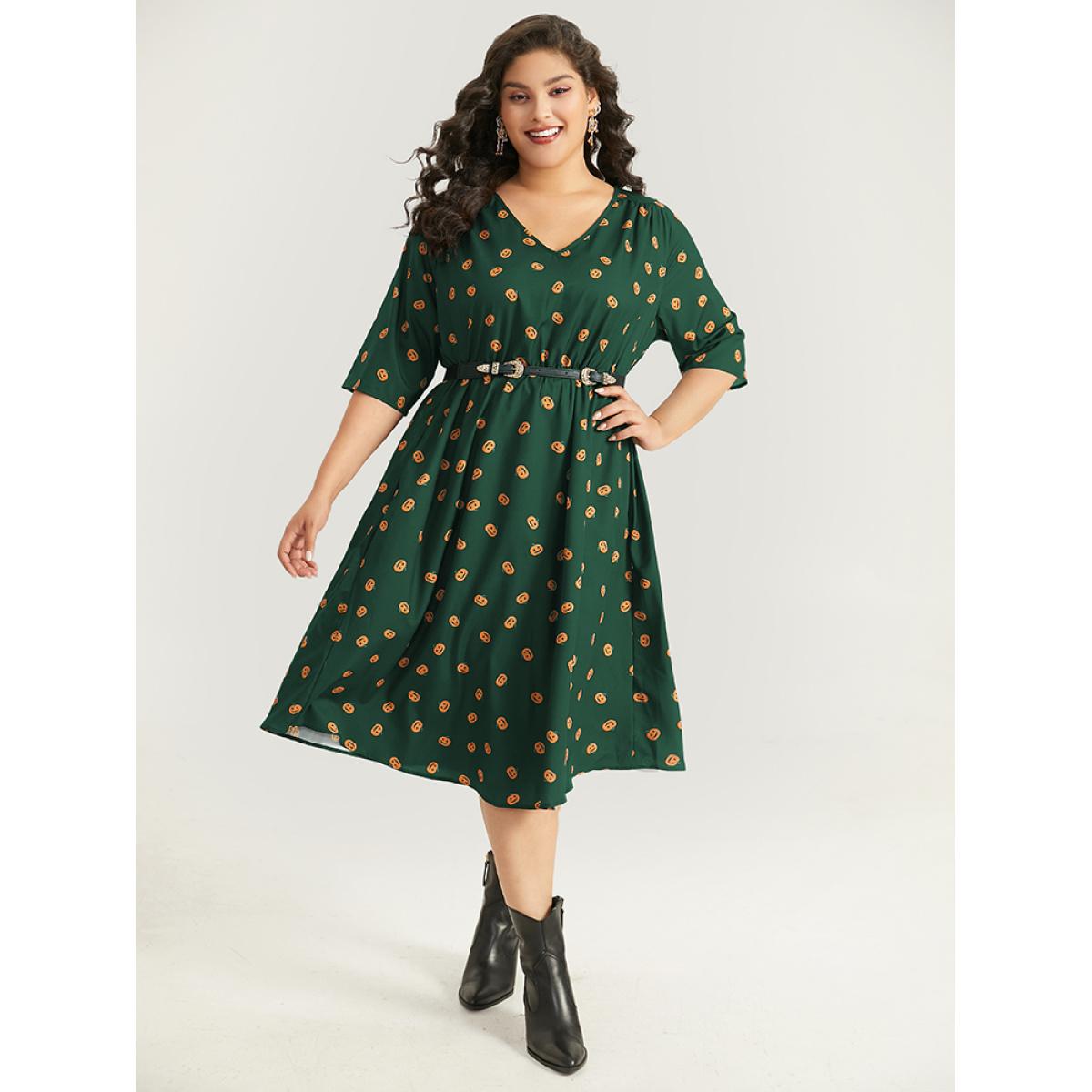 Plus Size Halloween Pumpkin Print Pocket Elastic Waist Dress DarkGreen Women Elegant Gathered V-neck Half Sleeve Curvy Midi Dress BloomChic 12/L Product Image
