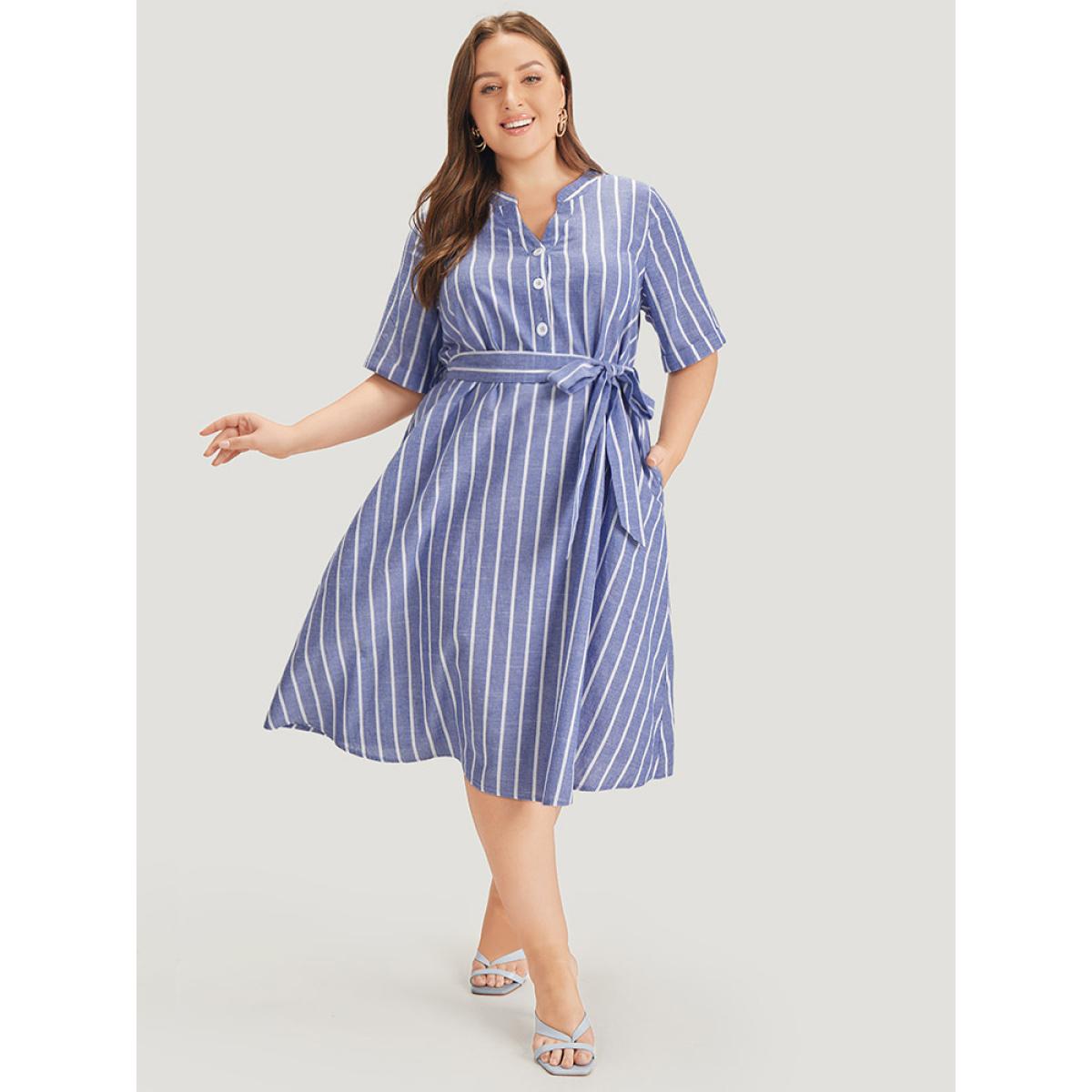Plus Size Striped Print Belt Pocket Notched Button Up Dress Blue Women Office Cross straps Notched collar Short sleeve Curvy Midi Dress BloomChic 22-24/3X Product Image