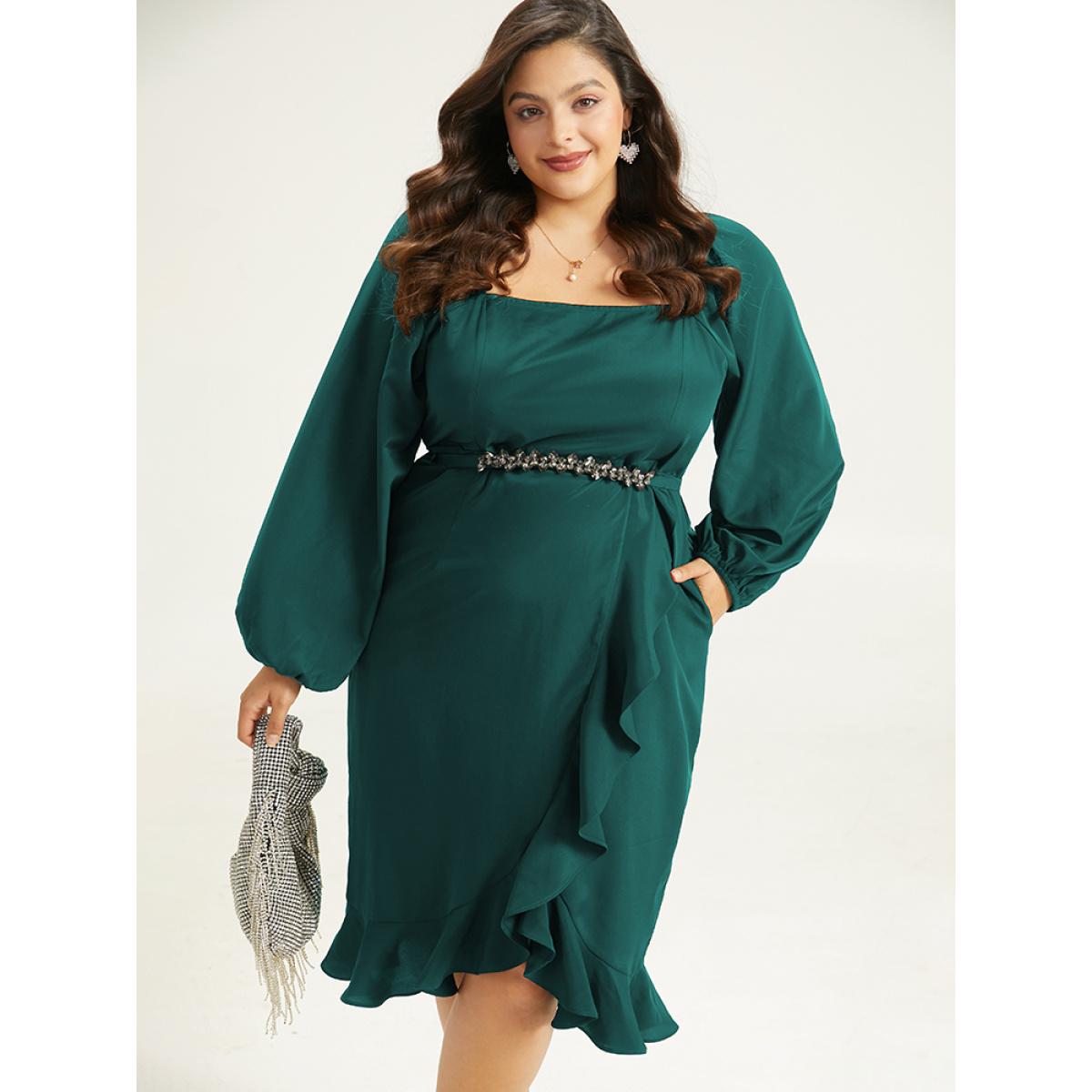 Plus Size Anti-Wrinkle Square Neck Ruffle Trim Wrap Hem Dress Teal Women Glamour Elastic cuffs Square Neck Long Sleeve Curvy Midi Dress BloomChic 18-20/2X Product Image