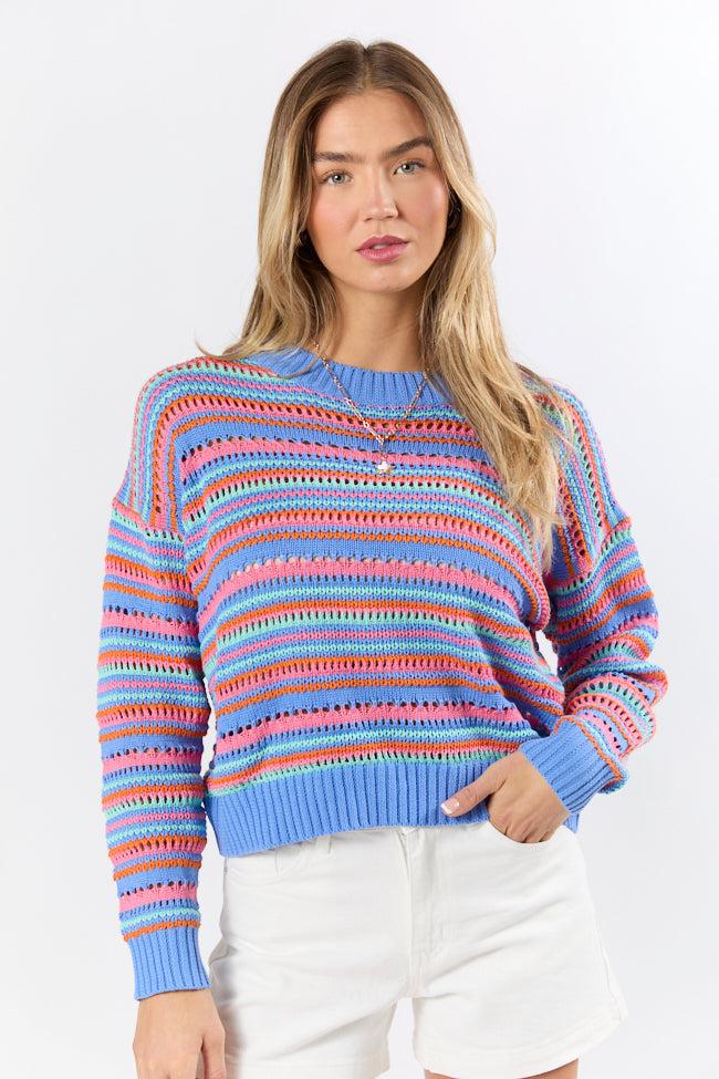 Party Cove Blue Multi Striped Open Knit Sweater FINAL SALE Product Image