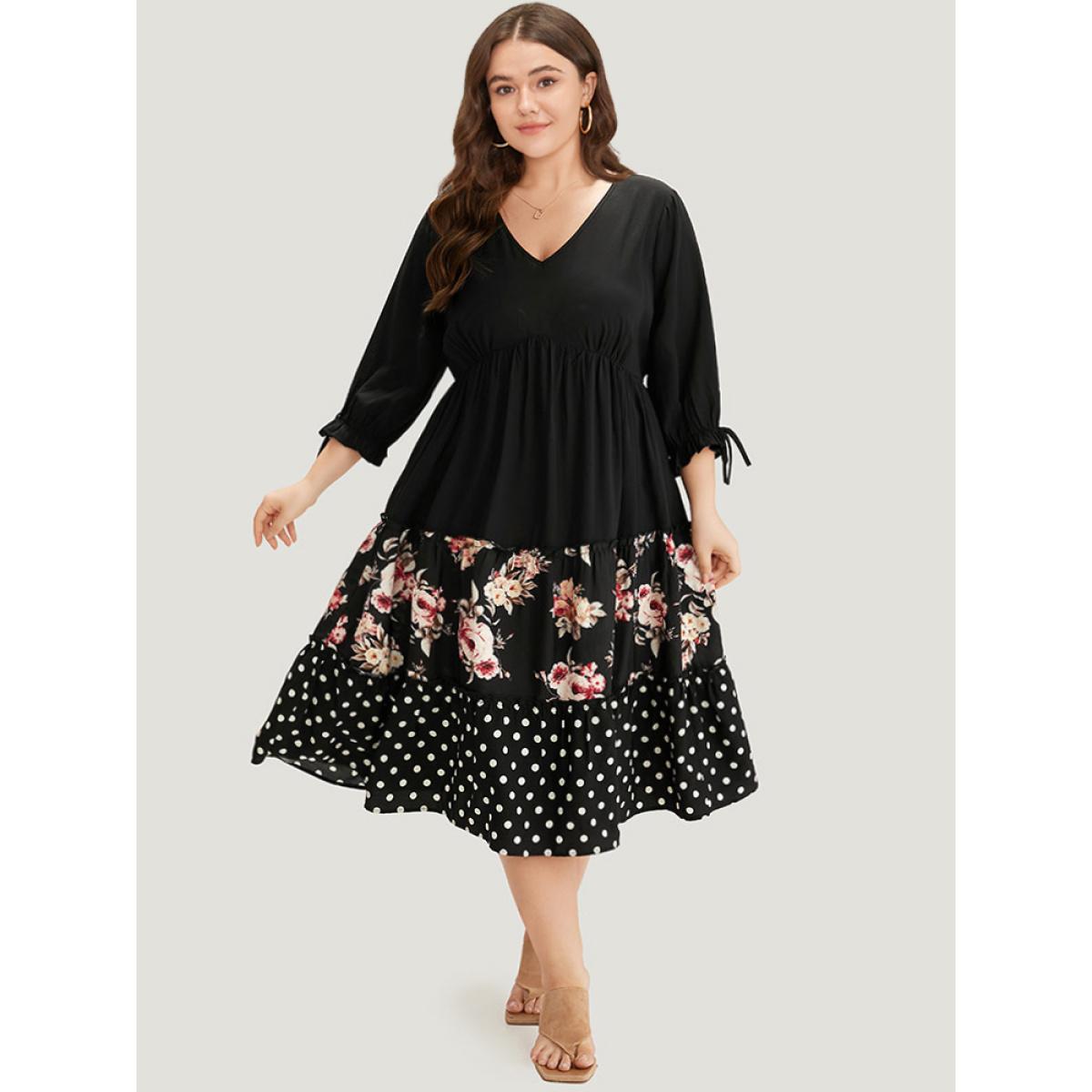 Plus Size Polka Dot Patchwork Floral Knot Pocket Lantern Sleeve Dress Indigo Women Casual Elastic cuffs V-neck Elbow-length sleeve Curvy Midi Dress BloomChic 28/5X Product Image