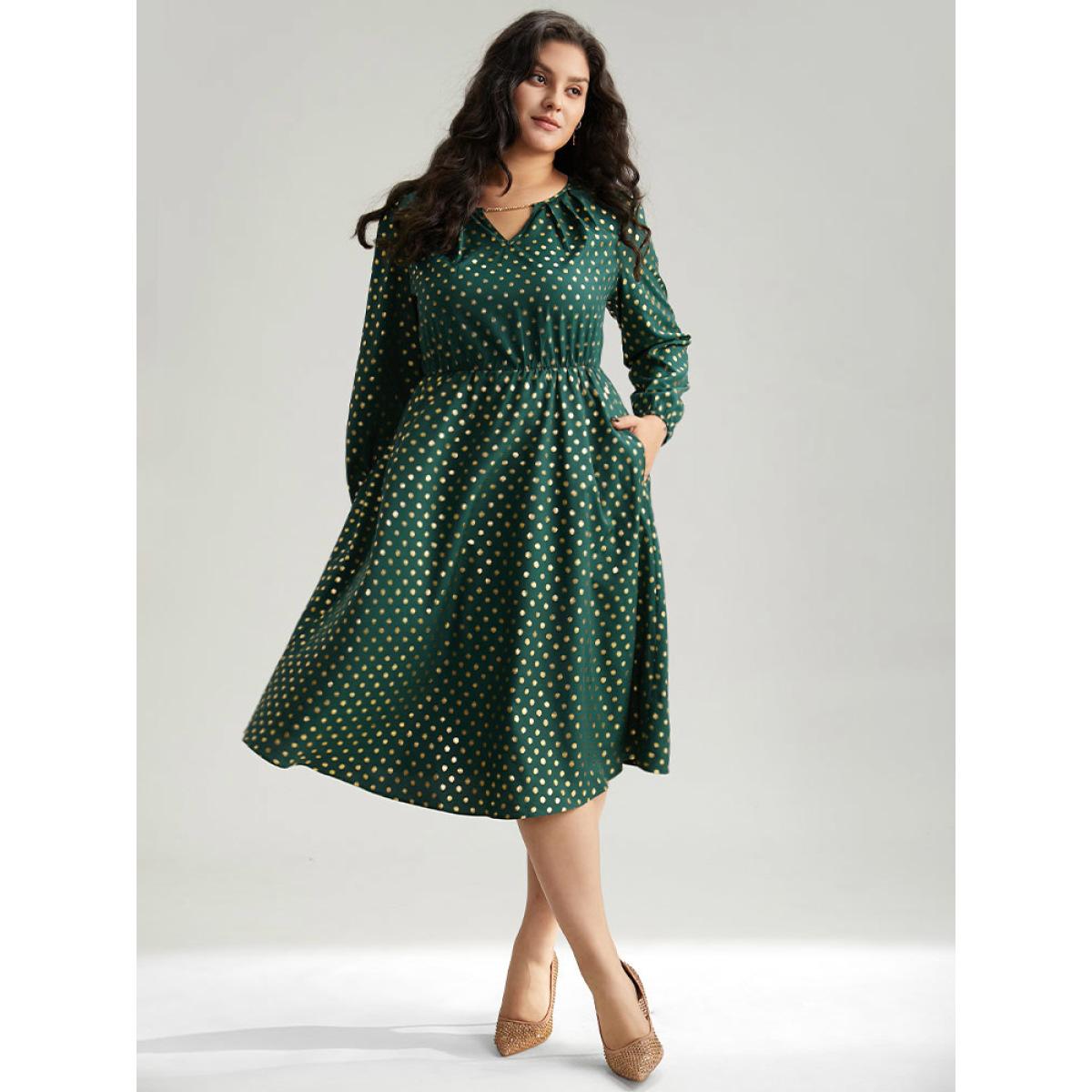 Plus Size Glitter Polka Dot Notched Elastic Cuffs Dress DarkGreen Women Elegant Elastic cuffs Notched collar Long Sleeve Curvy Midi Dress BloomChic 18-20/2X Product Image