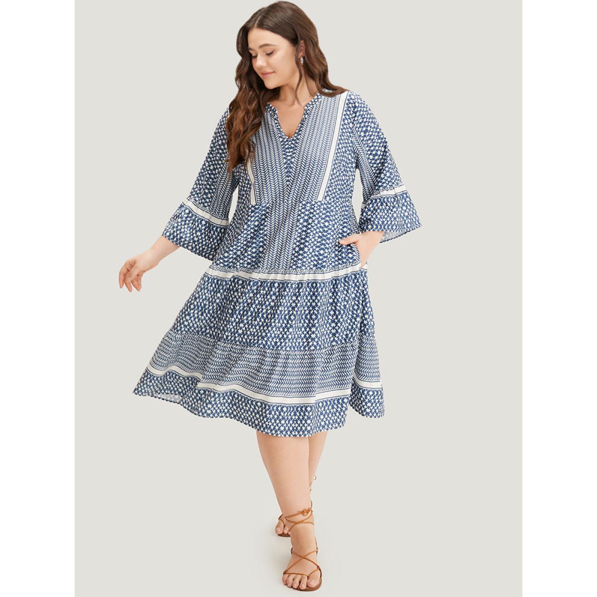 Plus Size Bandana Print Notched Pocket Patchwork Dress Stone Women Vacation Gathered Notched collar Elbow-length sleeve Curvy Midi Dress BloomChic 22-24/3X Product Image