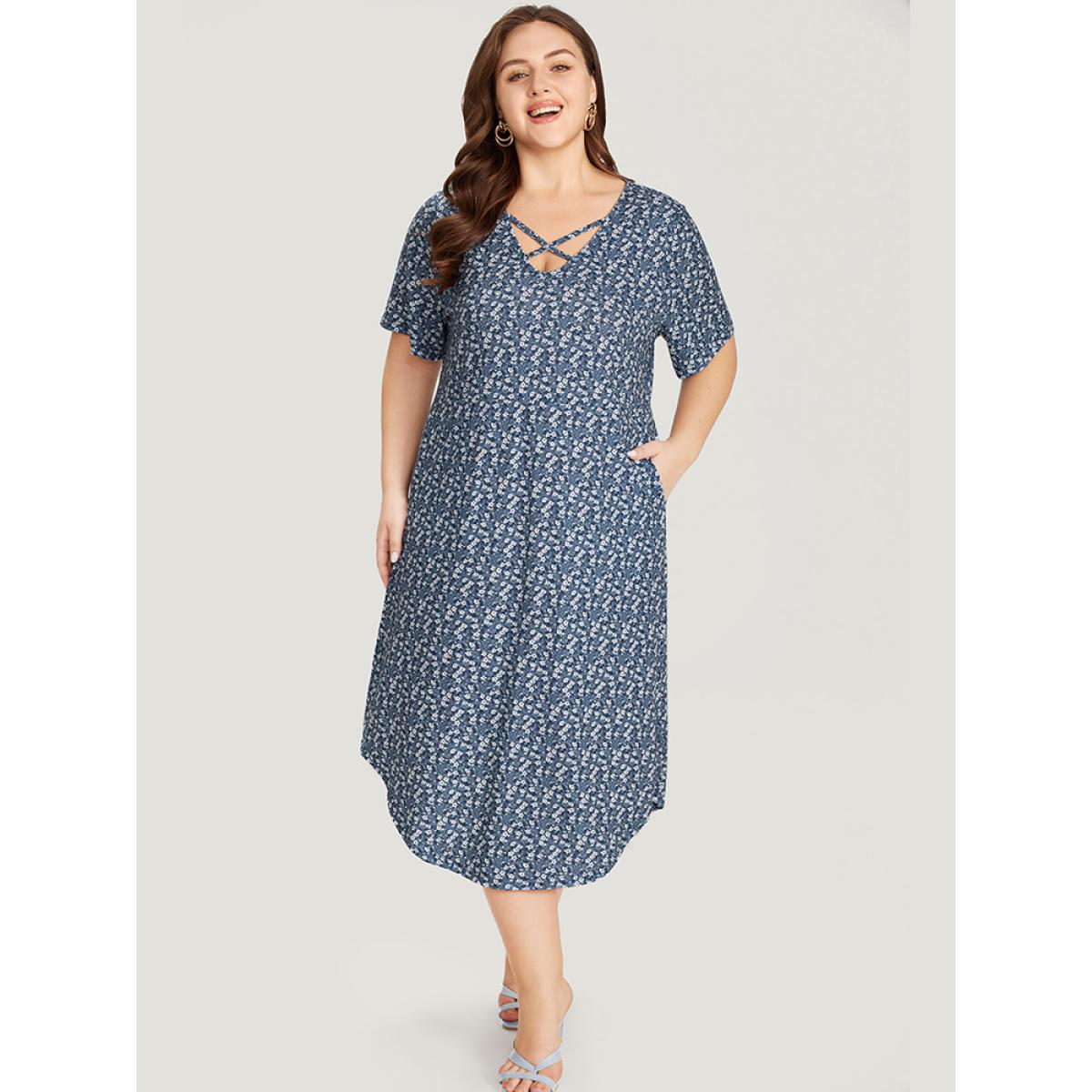 Plus Size Ditsy Floral Pocket Curved Hem Knotted Dress Stone Women Casual Arc Hem V-neck Short sleeve Curvy Midi Dress BloomChic 22-24/3X Product Image