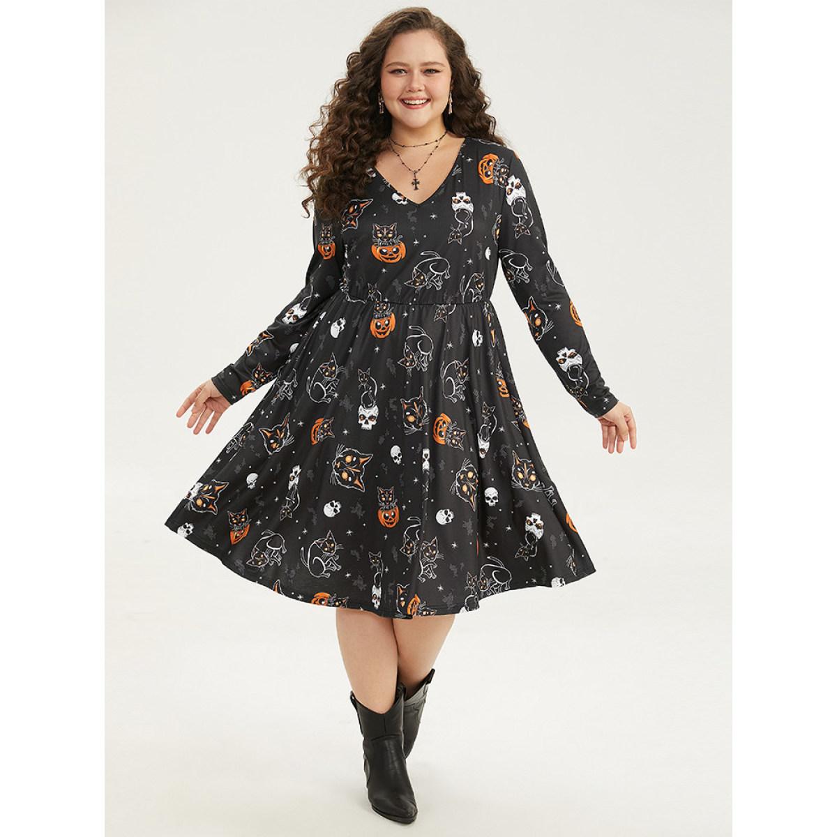 Plus Size Halloween Cat & Pumpkin Print Elastic Waist Dress Black Women Elegant Printed V-neck Long Sleeve Curvy Midi Dress BloomChic 18-20/2X Product Image