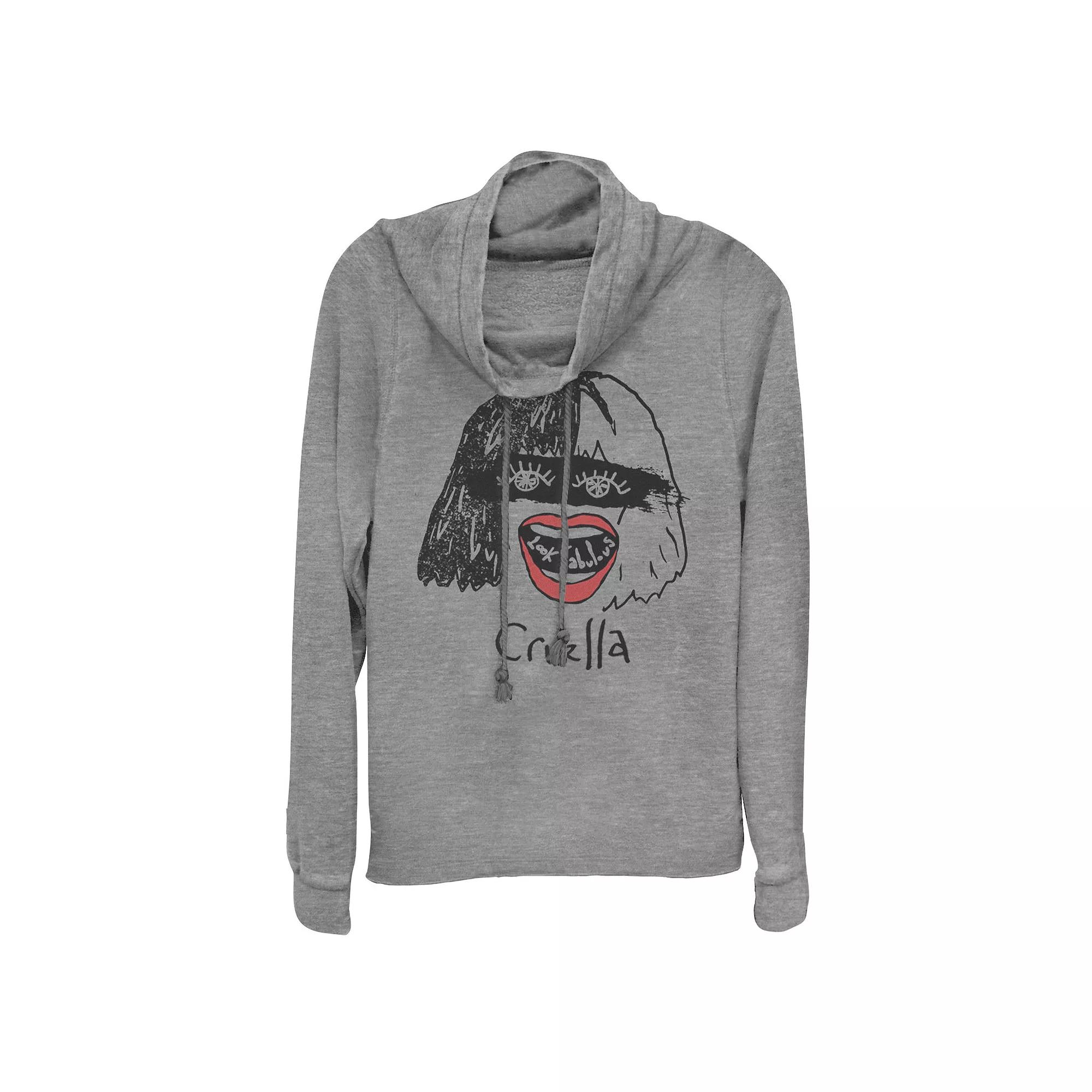 Disney's Cruella Juniors' Look Fabulous Sketch Cowlneck Graphic Lightweight Long Sleeve, Girl's, Size: XS, Gray Grey Product Image