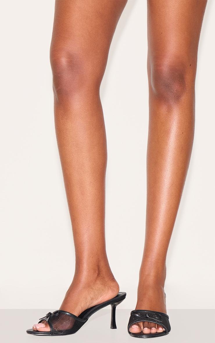 Black Mesh Round Toe Bow Strap Mid Heeled Mules Product Image