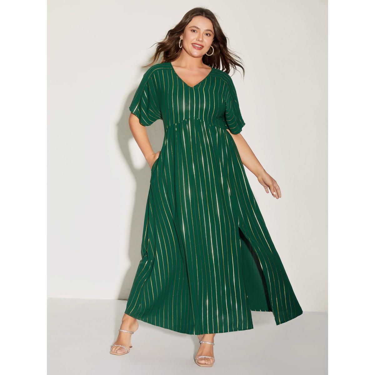 Plus Size Gold Shimmery Stripes Pockets Midi Dress DarkGreen Women Party&Cocktail V-neck Short sleeve Curvy BloomChic 12/L Product Image