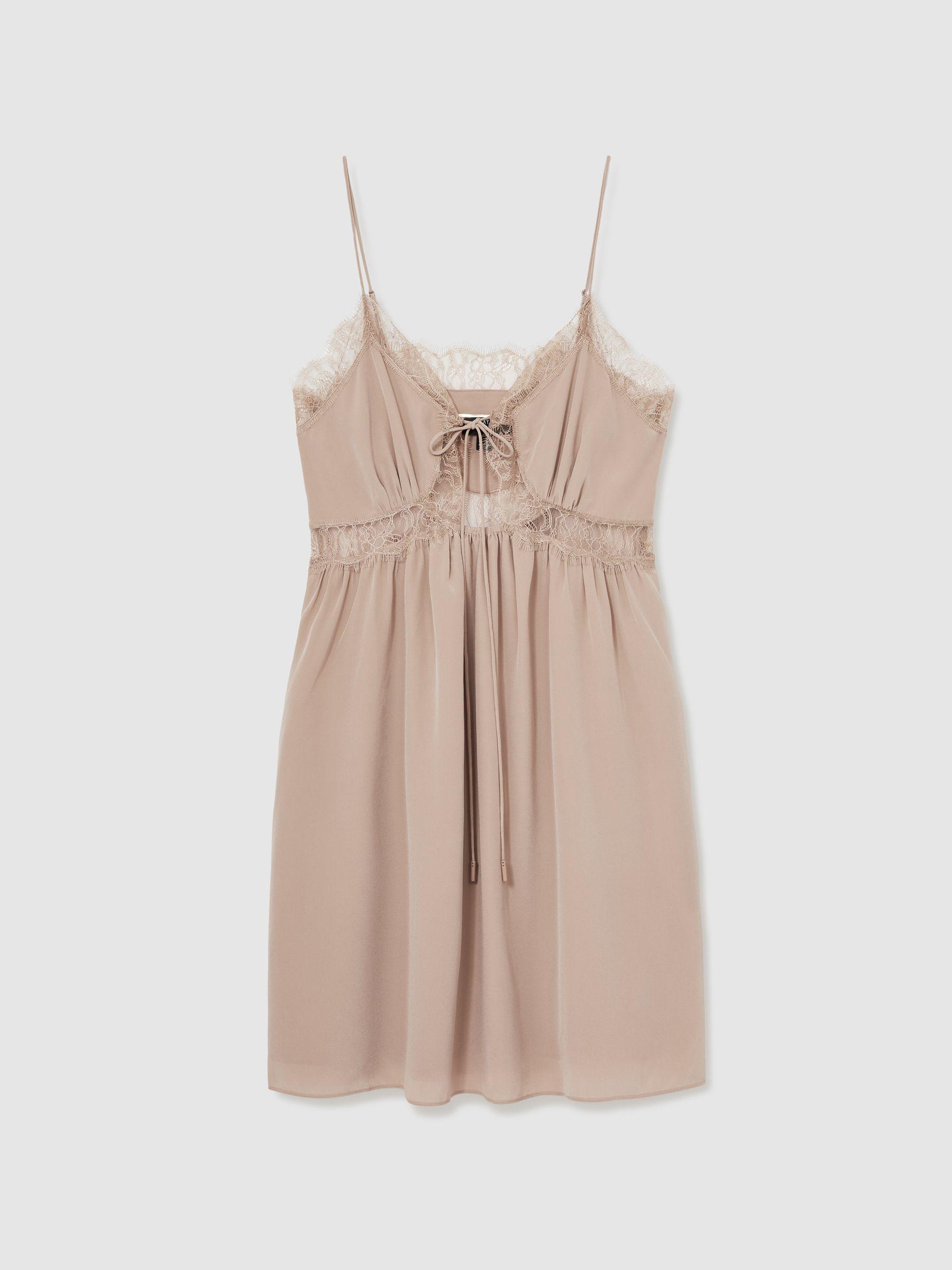 Atelier Silk Lace-Trim Babydoll Dress in Taupe Product Image