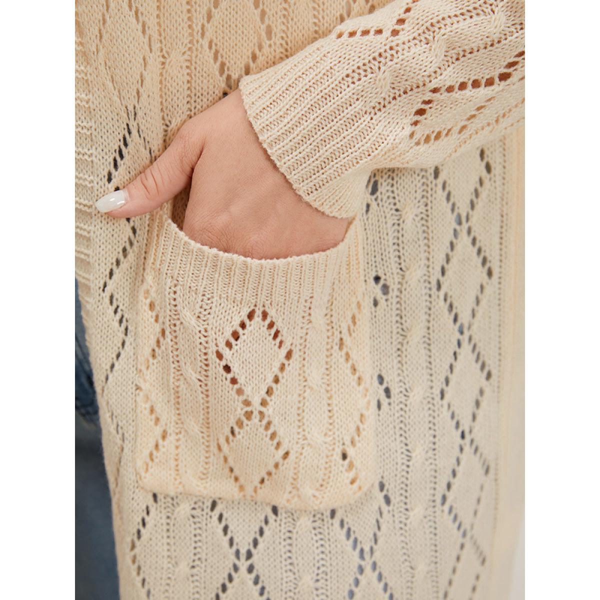 Plus Size Solid Bowknot Detail Patched Pocket Hollow Out Cardigan Apricot Women Casual Loose Long Sleeve Everyday Cardigans BloomChic 28/5X Product Image