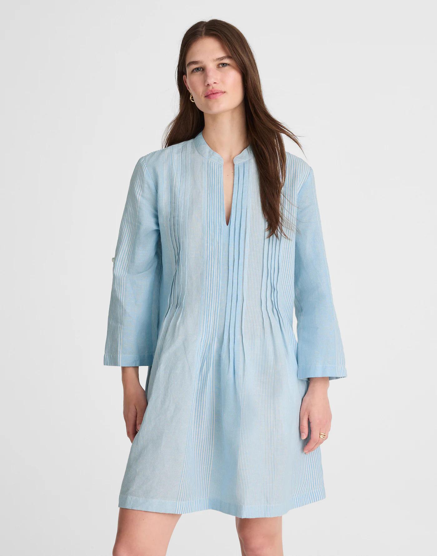 Pleated Splitneck Mini Shirtdress in Stripe Product Image