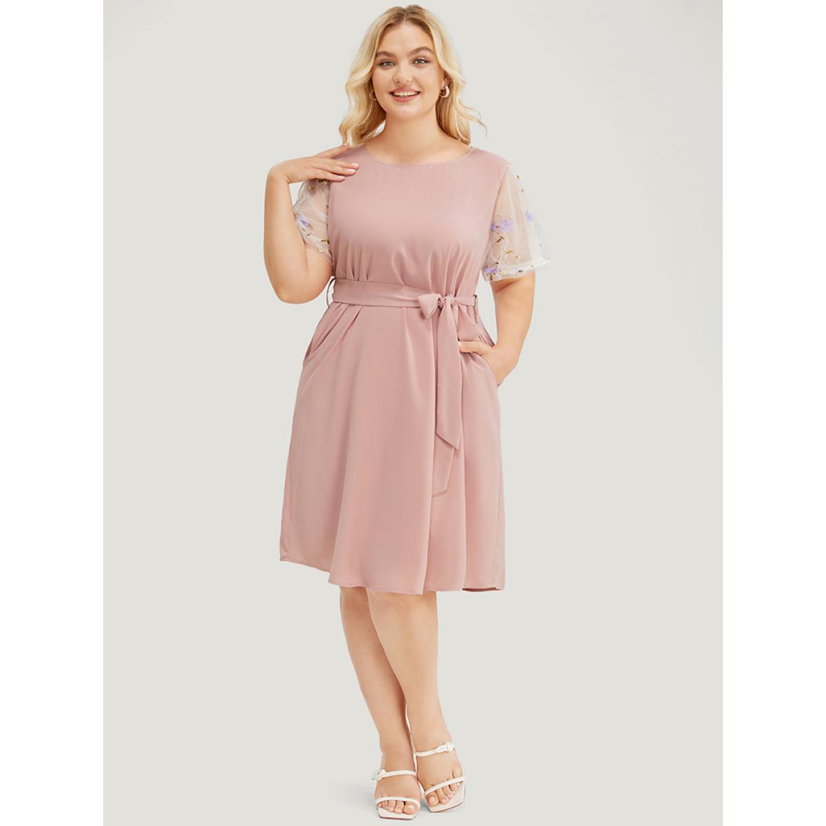 Plus Size Floral Mesh Sleeve Flutter Pocket Belt Knee Dress MistyRose Women Elegant Belted Round Neck Short sleeve Curvy Knee Dress BloomChic 22-24/3X Product Image
