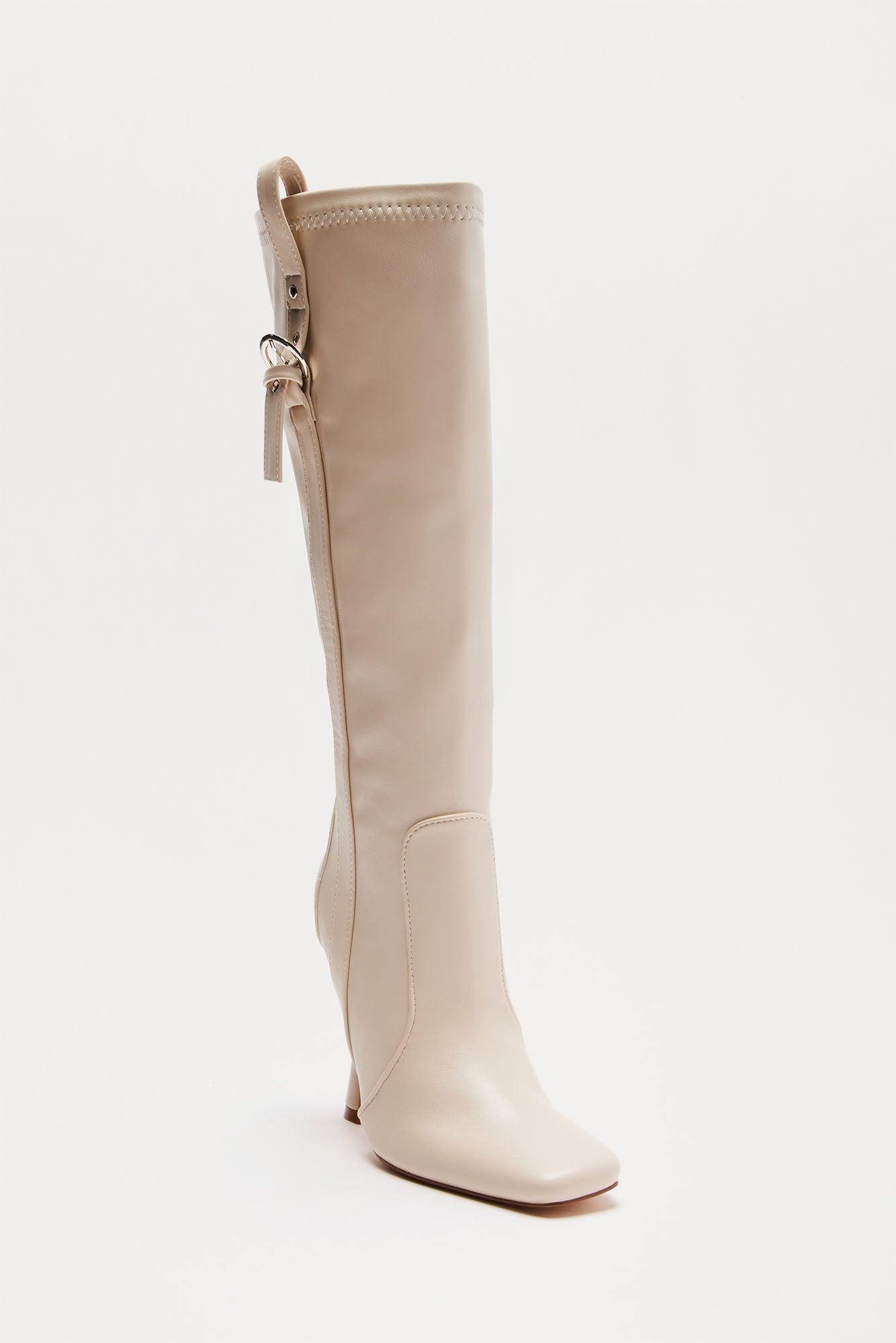 Anika Buckle Knee High Boots - Beige Product Image