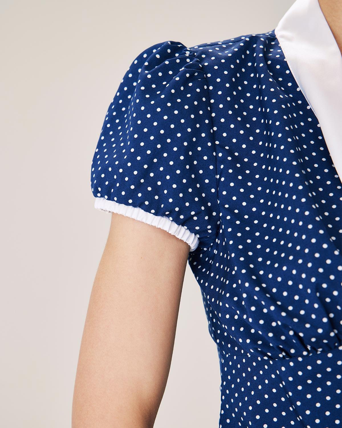 Blue Polka Dot Puffed Sleeve Blouse Product Image