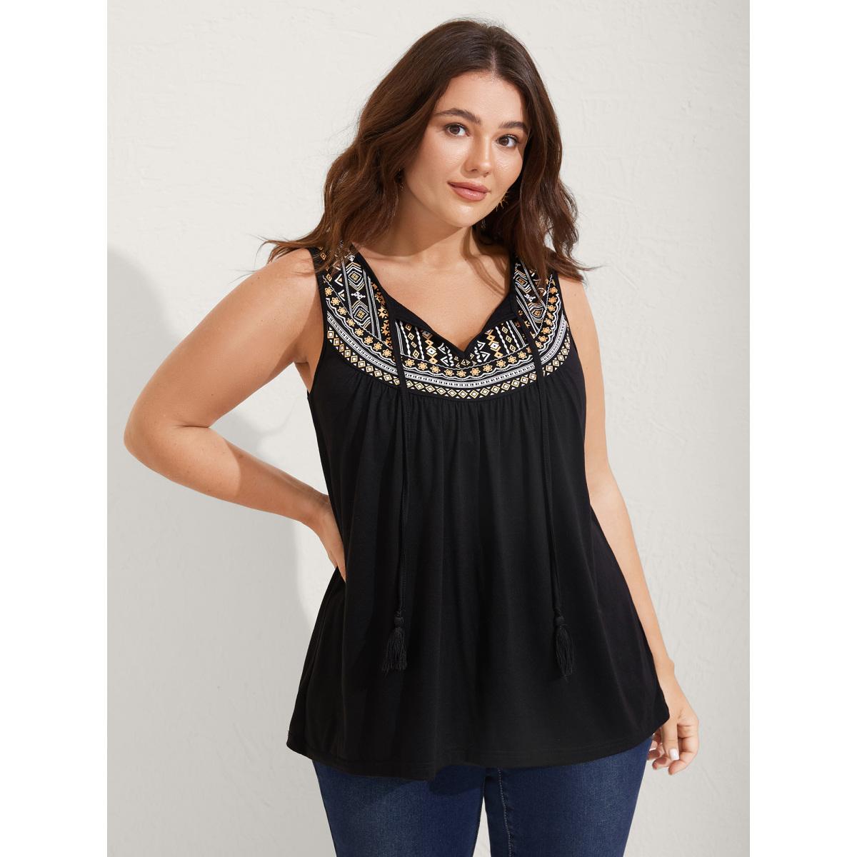 Plus Size Stretchy Boho Casual Tank Top Women Black Tie knot V-neck Vacation Tank Tops Camis BloomChic 18-20/2X Product Image