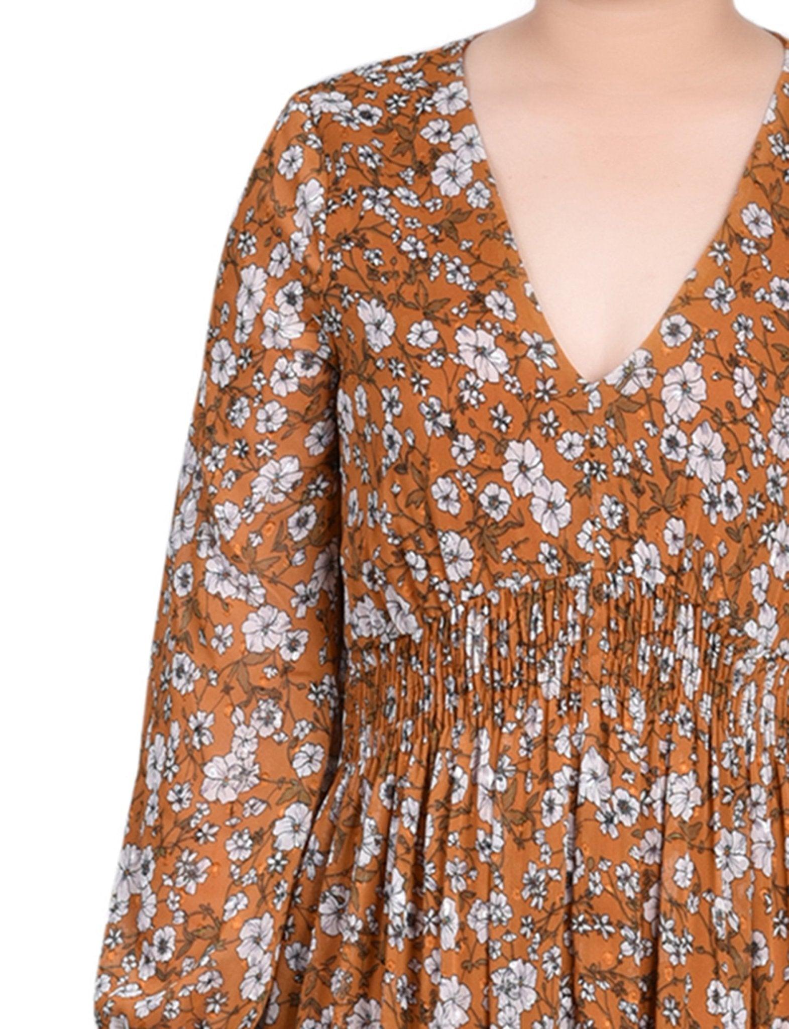 Mustard Floral Long Sleeve Clip Dot Chiffon Dress With Smocked Waist and Cuffs Product Image