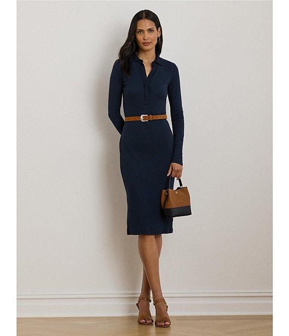Lauren Ralph Lauren Ribbed Knit Cotton Blend Polo Collar Long Sleeve Sheath Dress Product Image